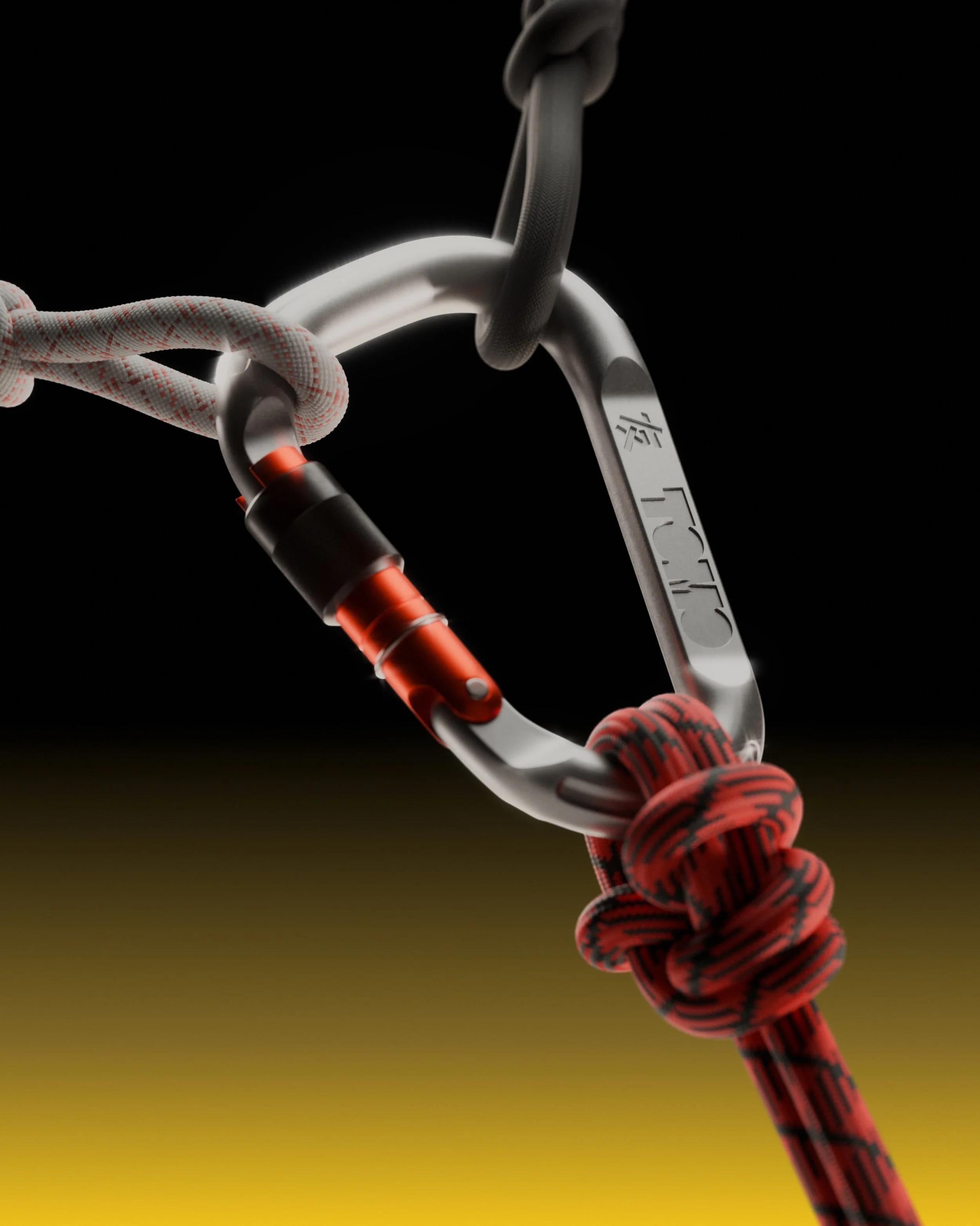 Climbing gear consisting of a carabiner attached to a red and black woven rope, with a knot, against a dark background and a blurred yellow-green ground.