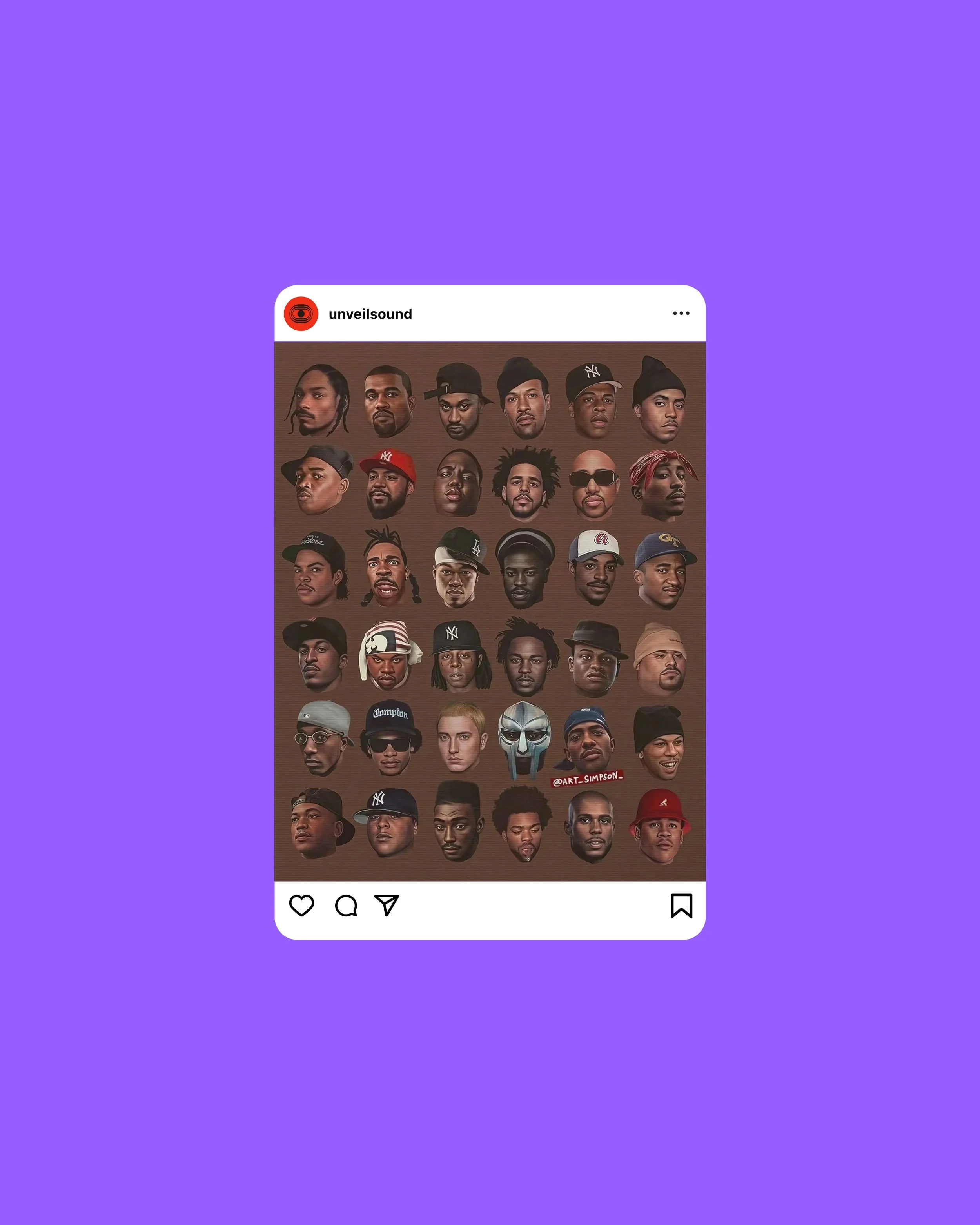 Instagram post featuring a collage of various male faces, some wearing hats or glasses, on a dark brown background.