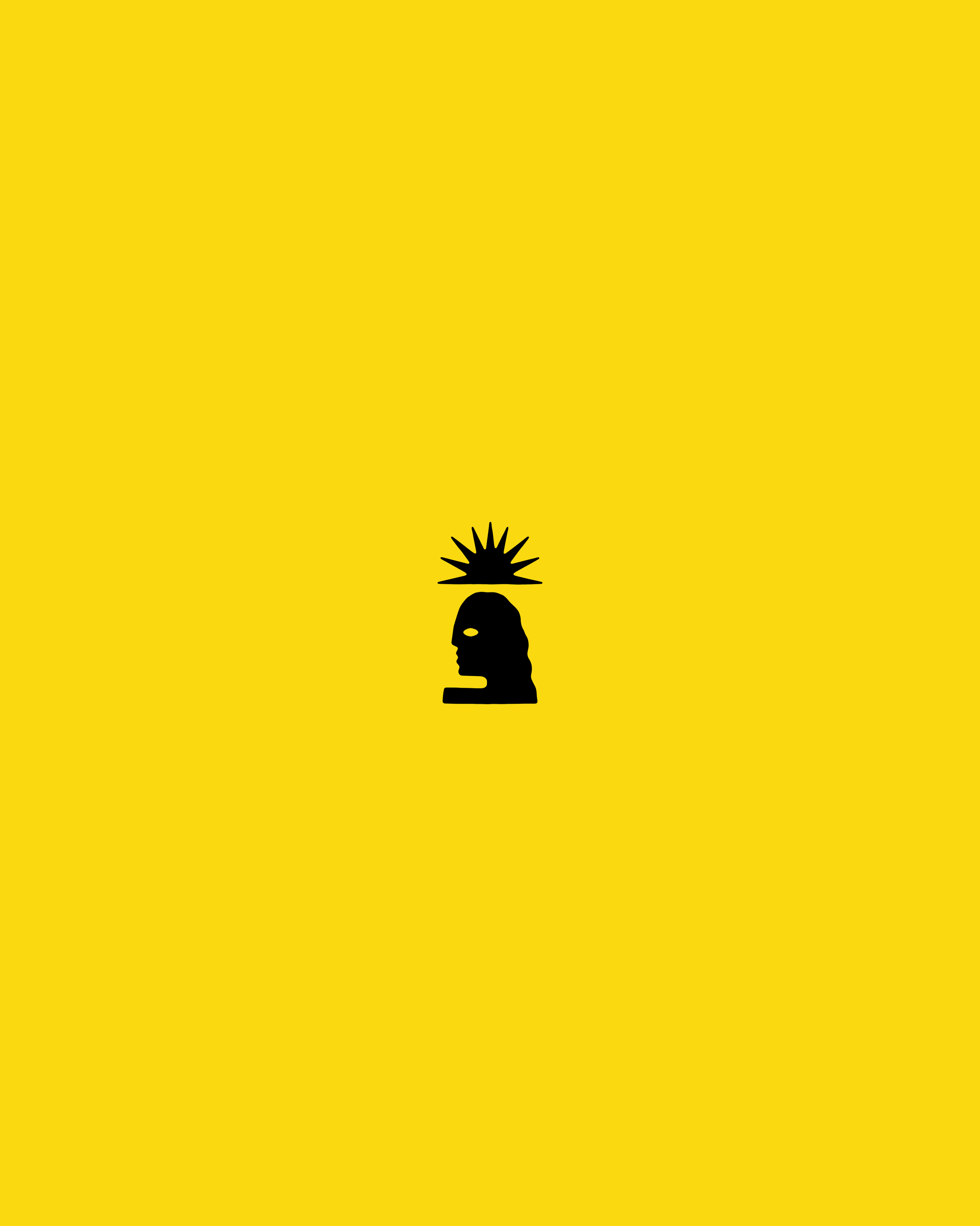 Yellow background with a black silhouette of a person's head with a crown of spiked shapes on top, centered near the bottom.