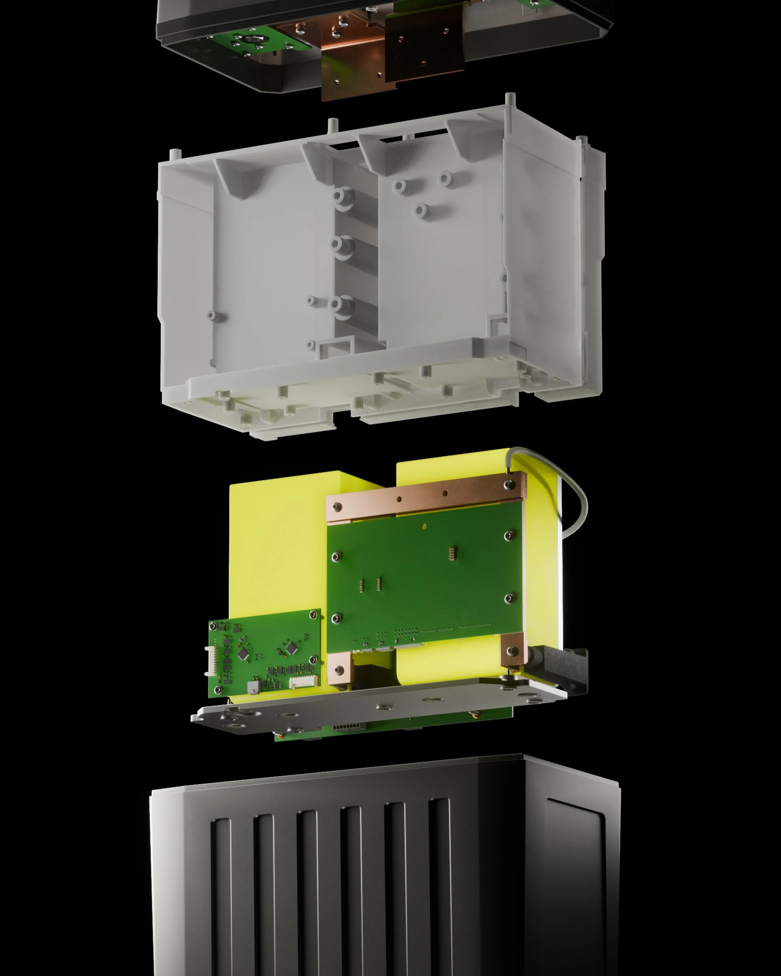 A scientific or electronic device with multiple colored circuit boards and components, suspended against a black background.