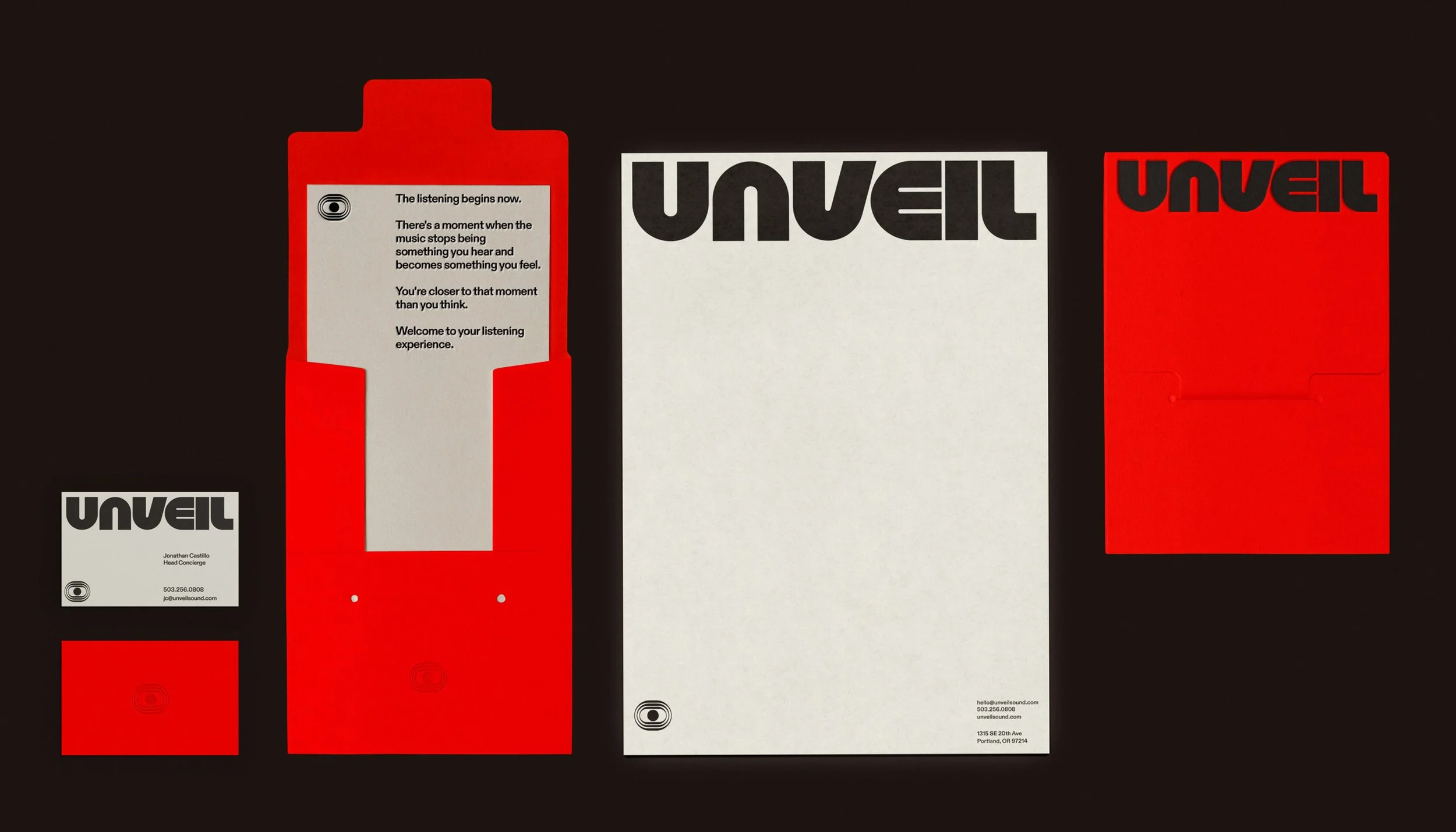 Unveil sound promotional material including business cards and packaging with red, black, and white design elements, featuring the company logo and contact information.