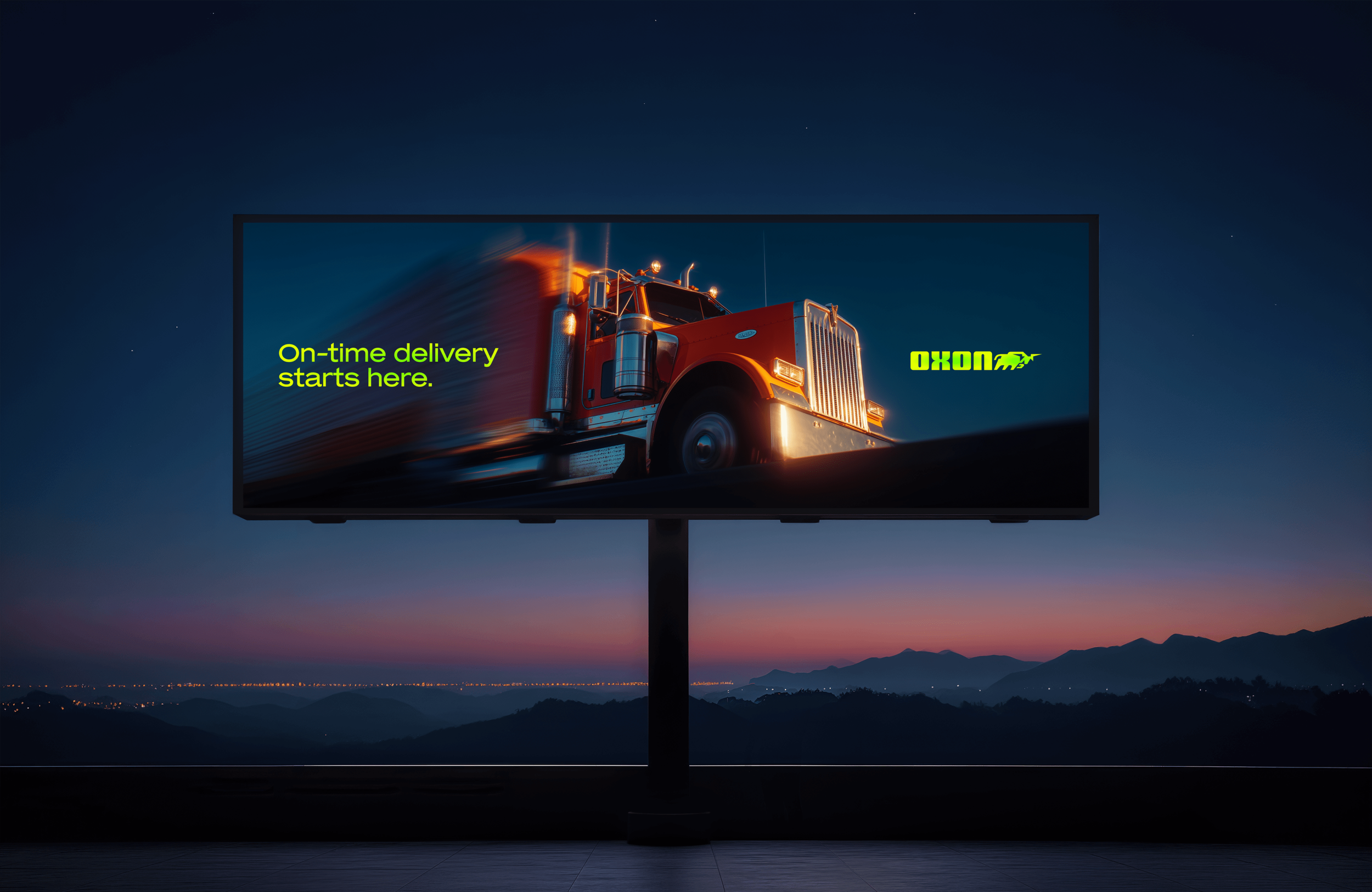 Billboard showing a red semi-truck driving at night with the tagline 'On-time delivery starts here.' and the company logo 'OXON' in neon green, against a backdrop of mountains and a dark blue sky.