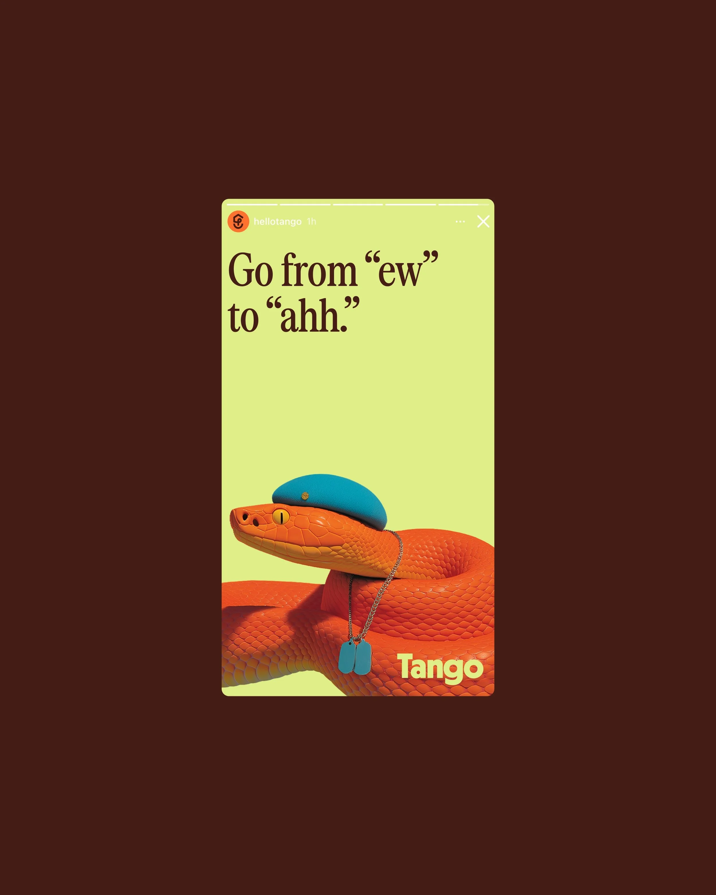 A promotional poster featuring a brightly colored snake wearing a blue cap and a necklace with dog tags. The background of the poster is yellow with text that says 'Go from "ew" to "ahh"'. The bottom right corner has the word 'Tango' in orange and yellow.