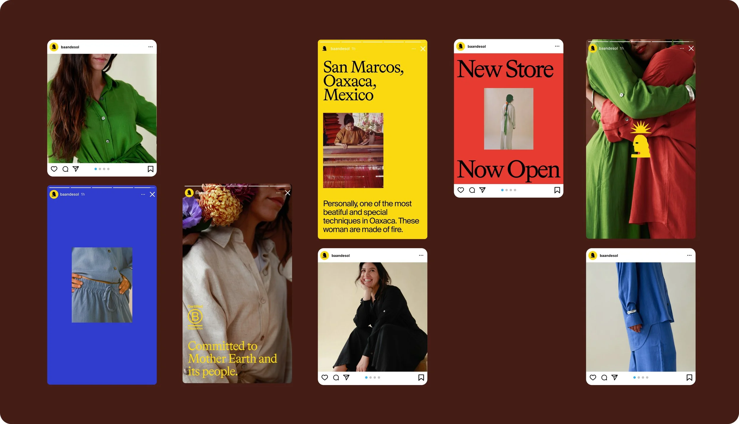 Collage of social media posts showcasing colorful fashion outfits, store opening announcement, and local event in Oaxaca, Mexico.