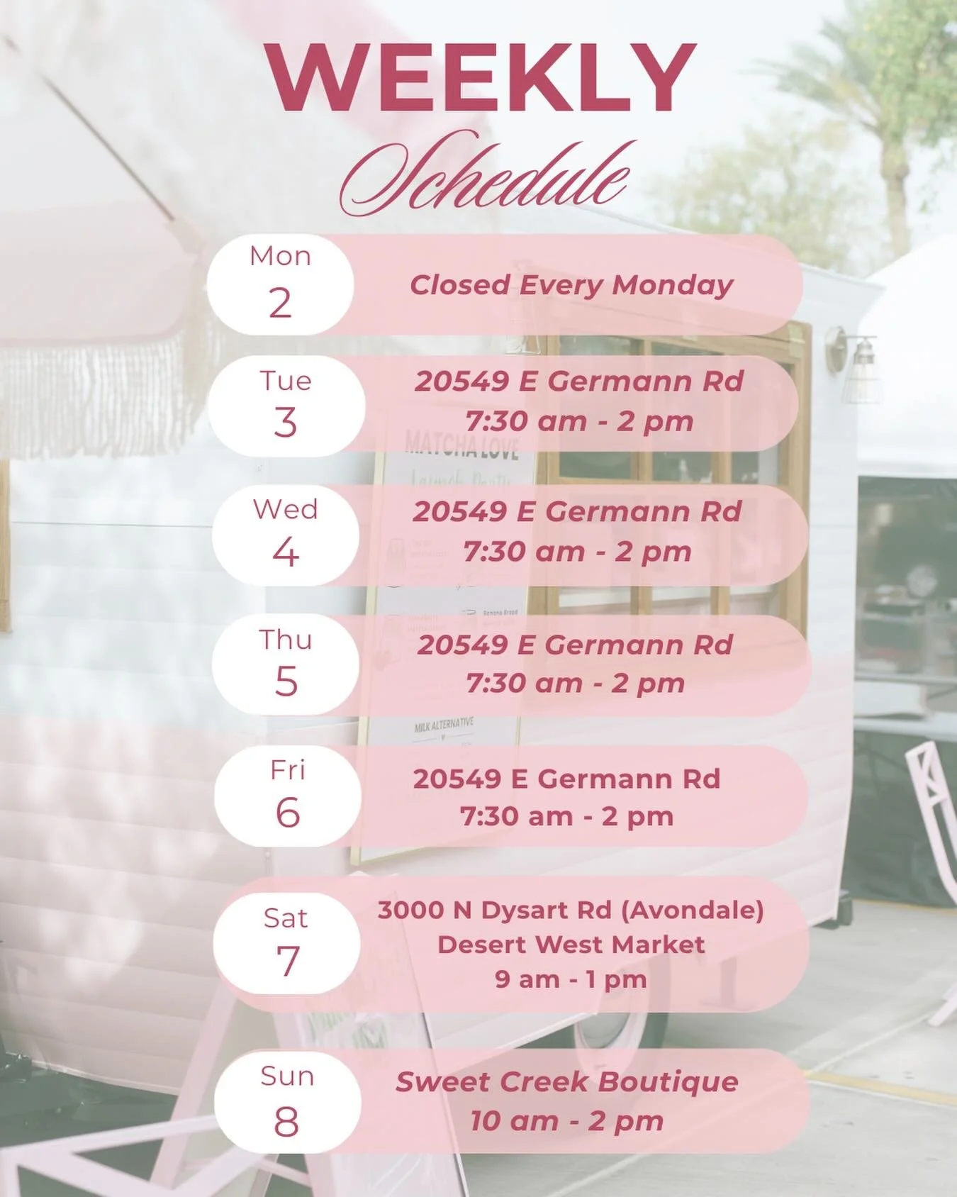 This weeks Matcha schedule 🍵 we are back on the west again this upcoming weekend (I know 2 weekends in a row) but we 💗 you guys over there!! We will also be back at sweet creek this weekend with @eastvalleycrepes 🍓 for only a few more weekends 😩