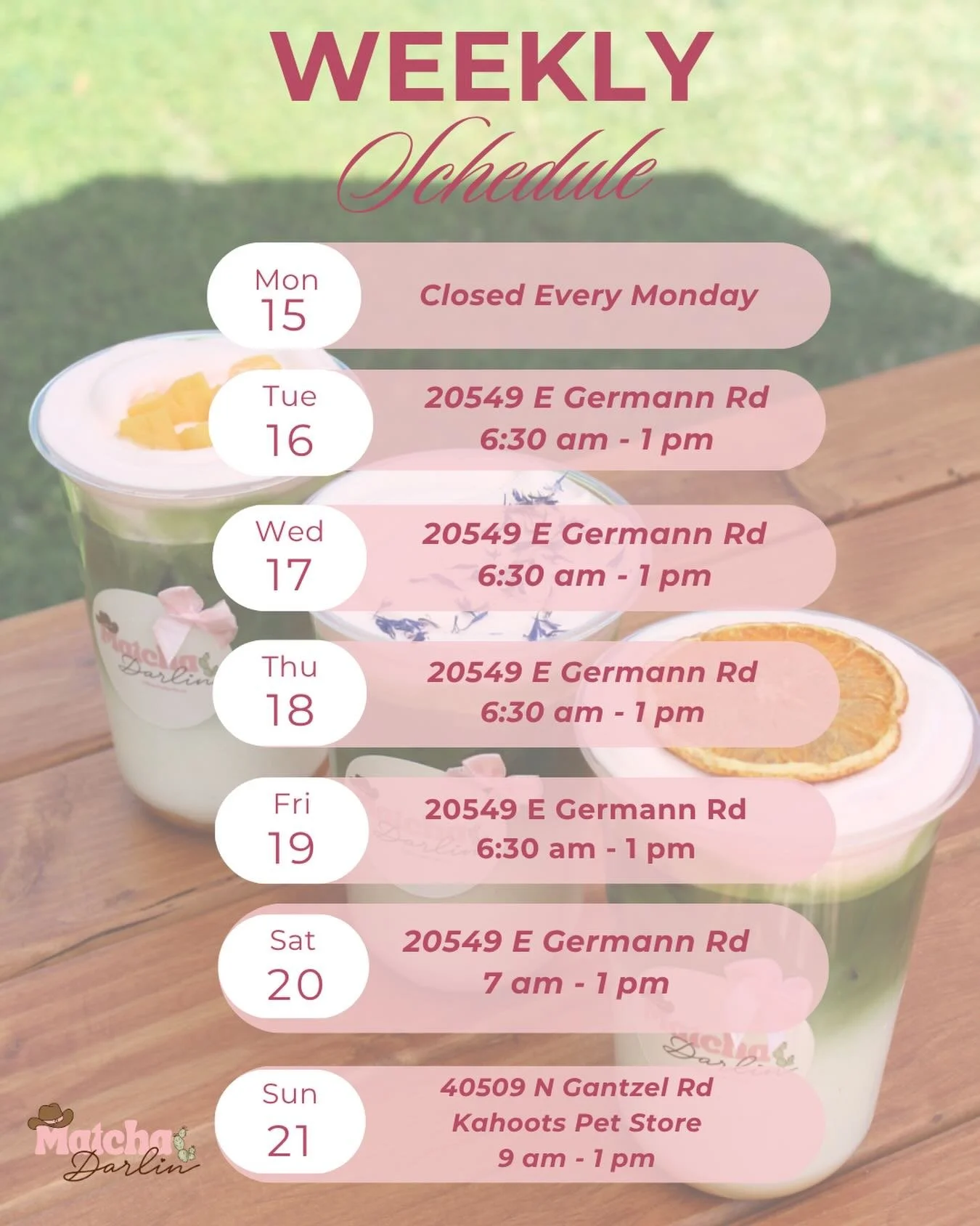 Matcha Schedule 🍵💖 breakfast burritos we will have weekly Tuesday - Saturdays only. We will not have them Sundays!