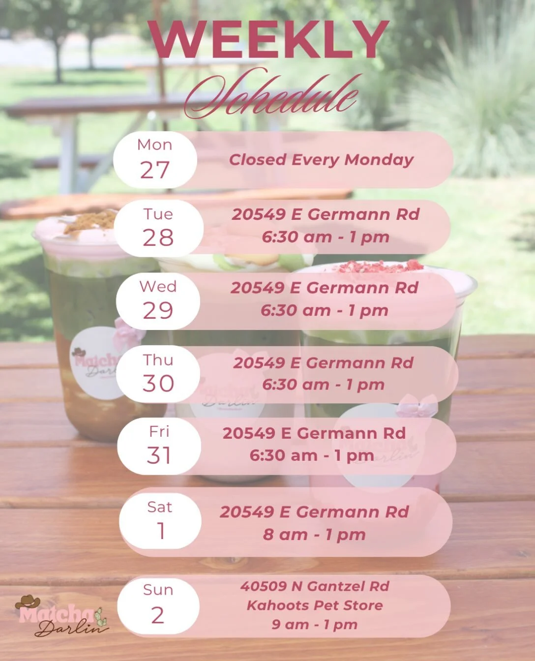 🤠✨ Here&rsquo;s where you can find us this week! ✨🍵

We have one exciting update&hellip; This Sunday at Kahoots Pet Store will be our last Sunday there for a while! 💗

If all goes according to plan (🤞), we&rsquo;ll be opening our Tempe caf&eacute