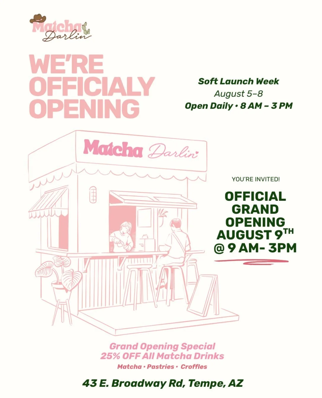 🤠💗 WE&rsquo;RE OFFICIALLY OPENING, TEMPE! 💗🤠

We can&rsquo;t believe this day is finally here! After a bit of planning, dreaming, and hard work, we&rsquo;re so excited to welcome you to our very first Matcha Darlin&rsquo; caf&eacute;! 🌵🍵

Becau