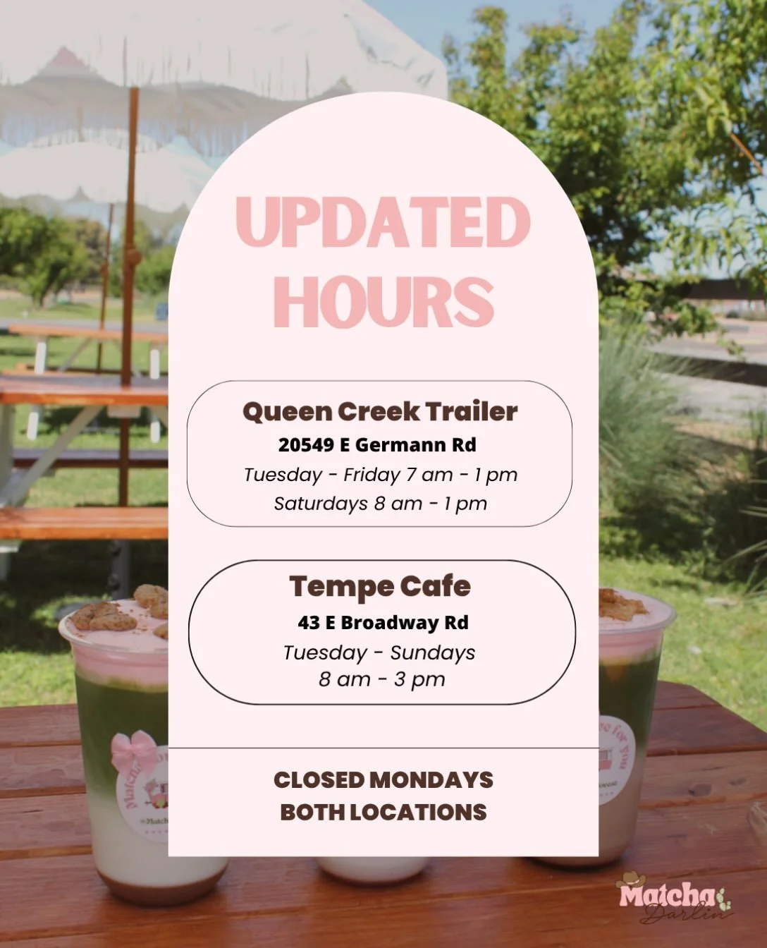 STARTING NEXT WEEK!!

🤍 UPDATED HOURS 🤍

Starting next Tuesday, August 4th, these will be our official hours moving forward!

✨ Queen Creek Trailer
📍20549 E Germann Rd
&bull; Tuesday&ndash;Friday: 7 AM &ndash; 1 PM
&bull; Saturday: 8 AM &ndash; 1 
