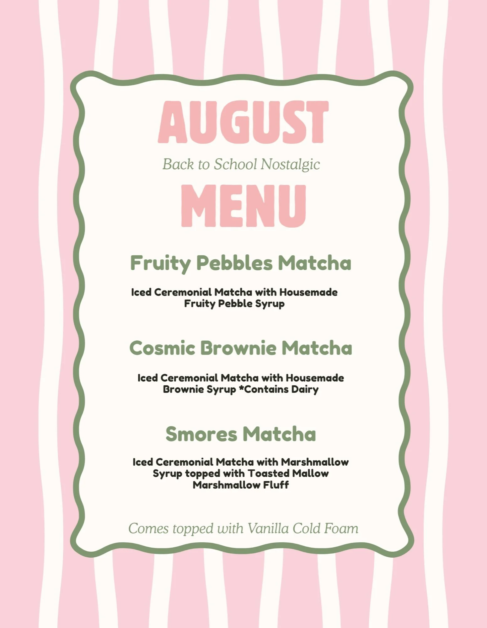 ✨ AUGUST SPECIALS ARE HERE! ✨📚🍵

Starting Tuesday August 4th, we&rsquo;re bringing all the nostalgic back-to-school vibes with our August menu! 💕

🍓 Fruity Pebbles Matcha
🍫 Cosmic Brownie Matcha
🔥 S&rsquo;mores Matcha

Our S&rsquo;mores Matcha 