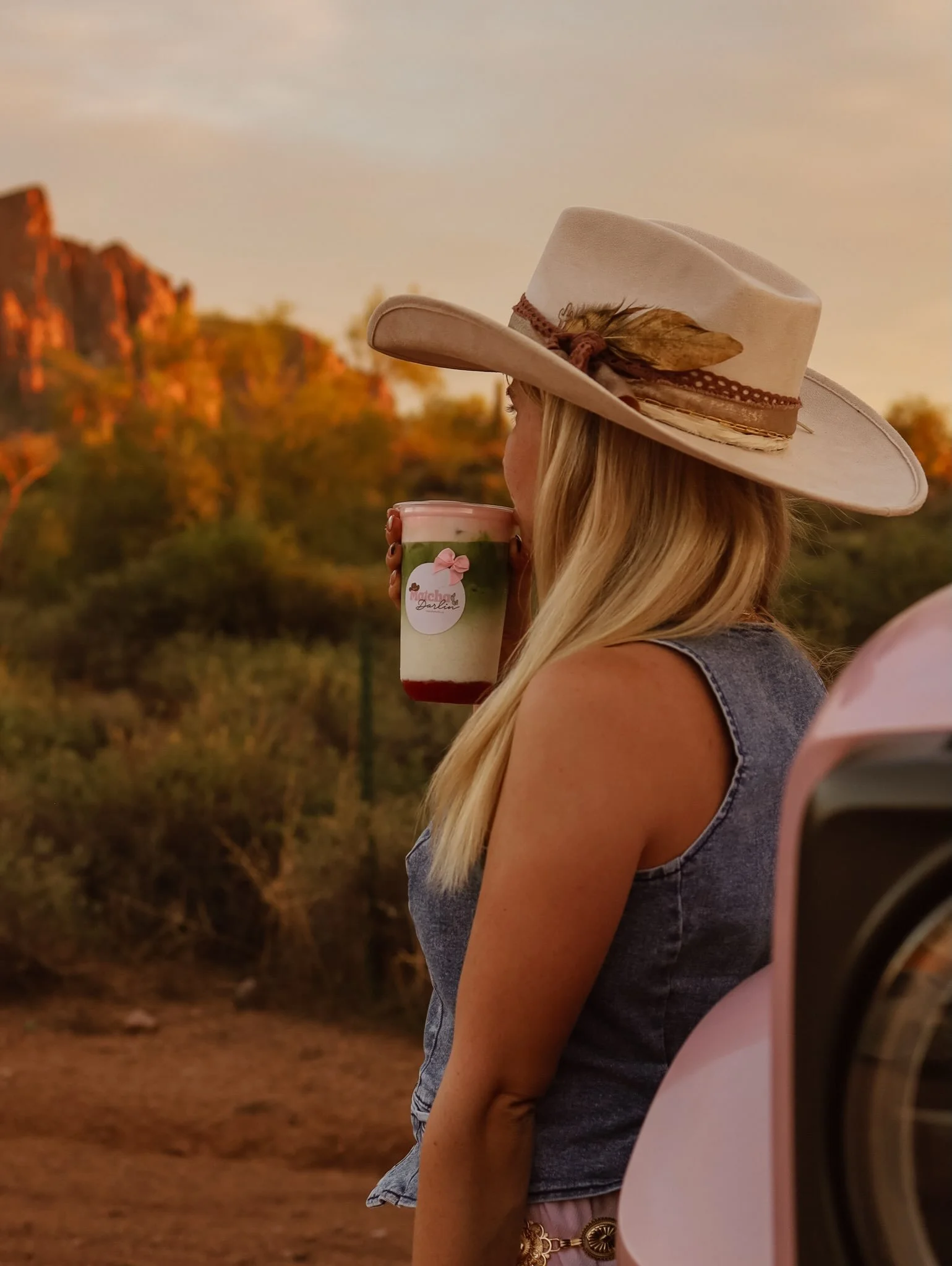 Somewhere between the desert and my daydreams 🤎🌵

Shout out to @snapped.bybella for these photos, she&rsquo;s amazing 😍

#matcha #desert #pinkbronco #matchalatte #arizona