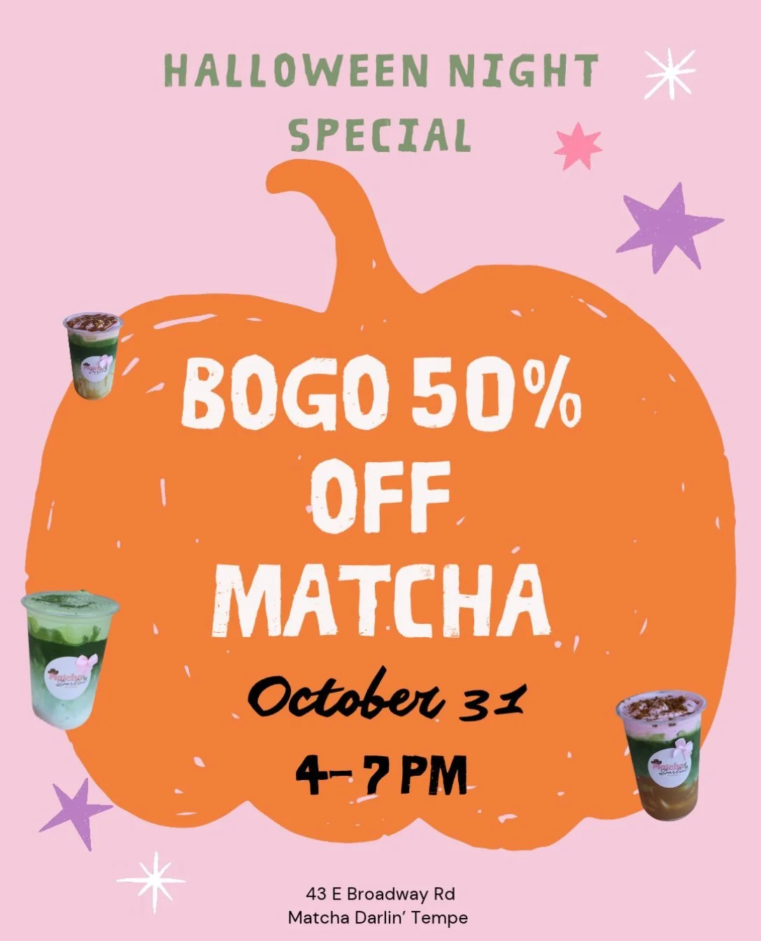 🎃 Trick-or-treat, then matcha! 👻🍵 Stop by Matcha Darlin&rsquo; Tempe this Halloween, 4&ndash;7 PM, for BOGO 50% OFF matchas! 🧡✨ Bring your boo and treat yourself! 💗 we are now also open Friday &amp; Saturday nights till 7 pm 🍵

📍 43 E Broadway