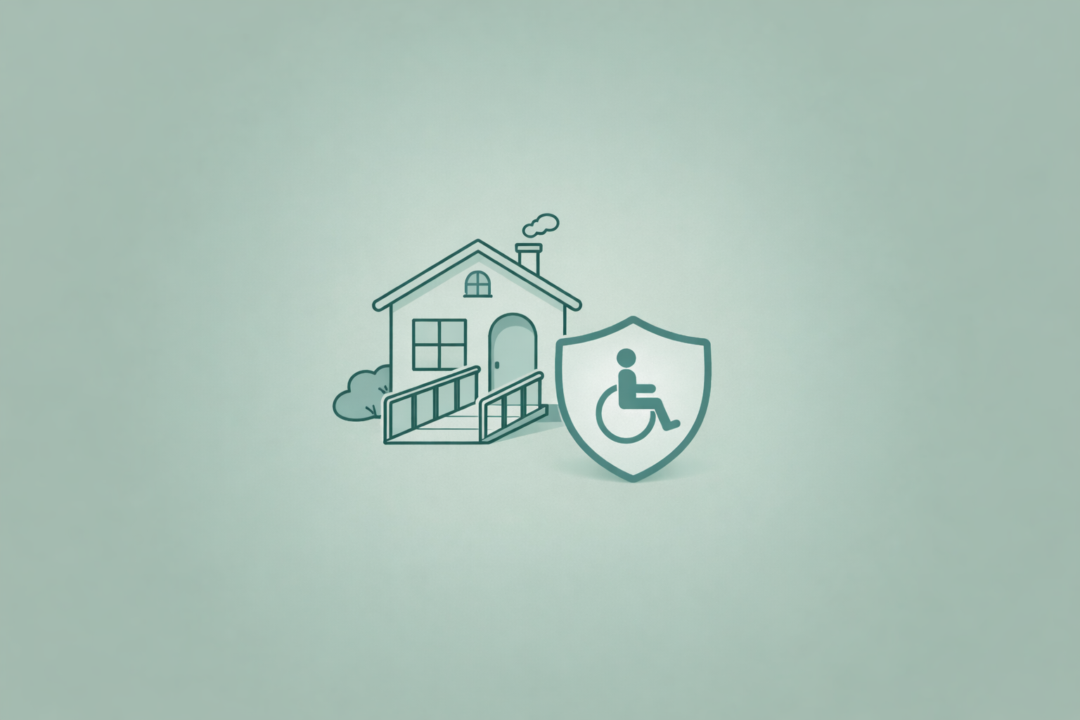 Illustration of a house with a wheelchair accessible ramp and a shield with a wheelchair icon, representing disability access or protection.