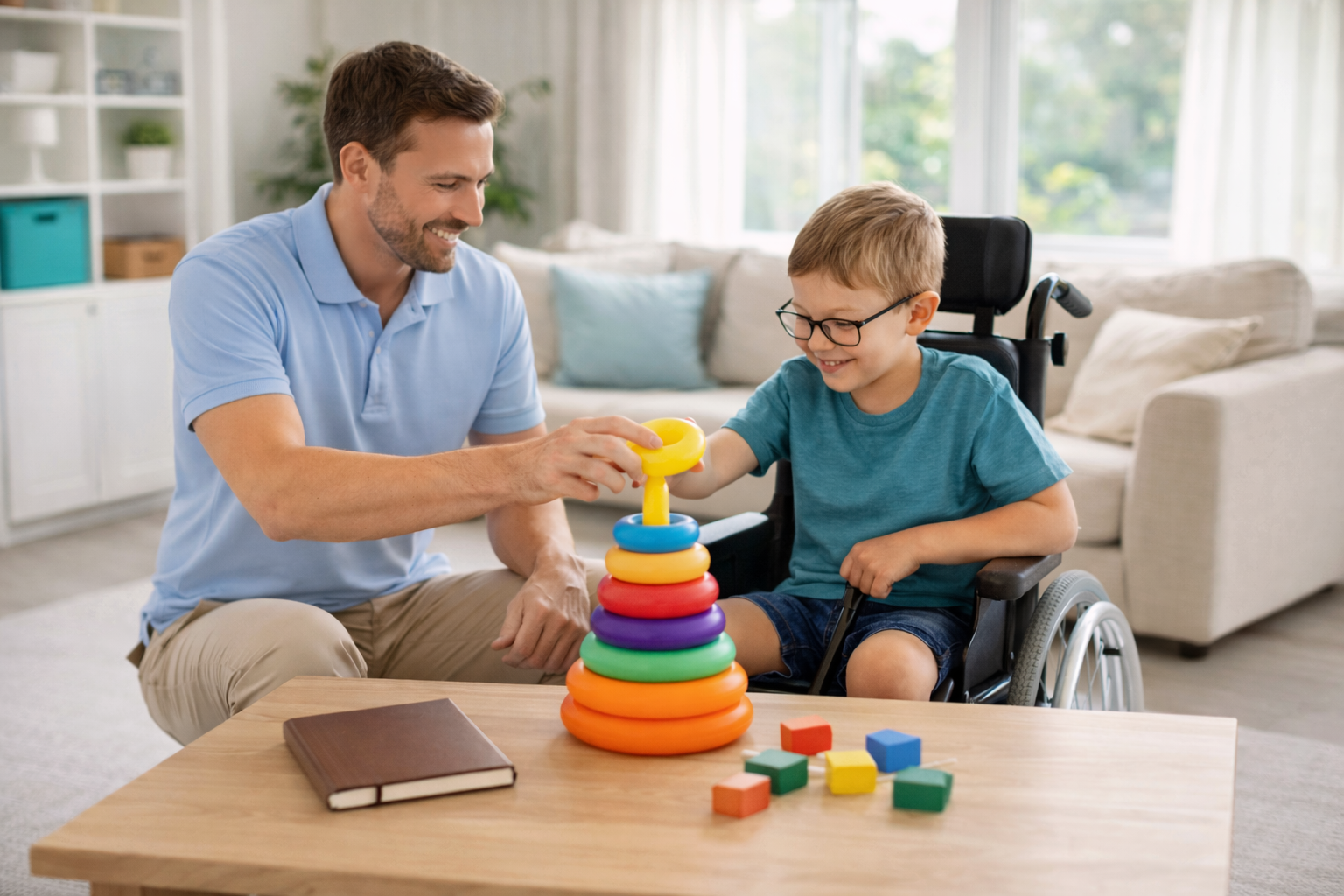 A man and a boy in a wheelchair playing with stacking rings at a wooden table in a bright living room.