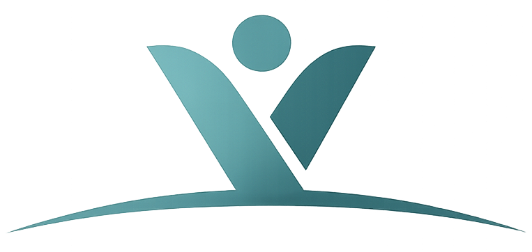 Digital illustration of a stylized abstract human figure with a circle head and triangular body, standing on an elongated platform with rainbow-colored stripes.