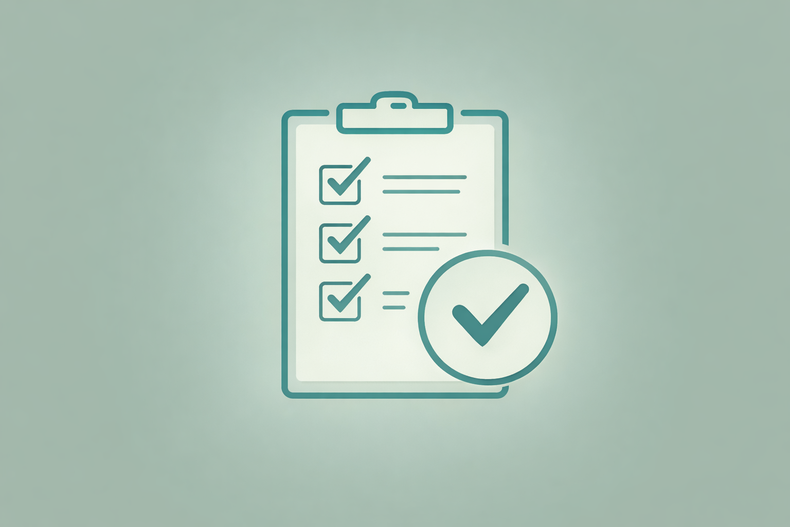 An illustration of a clipboard with a checklist and checkmarks beside items, with a large checkmark symbol in a circle overlaid.