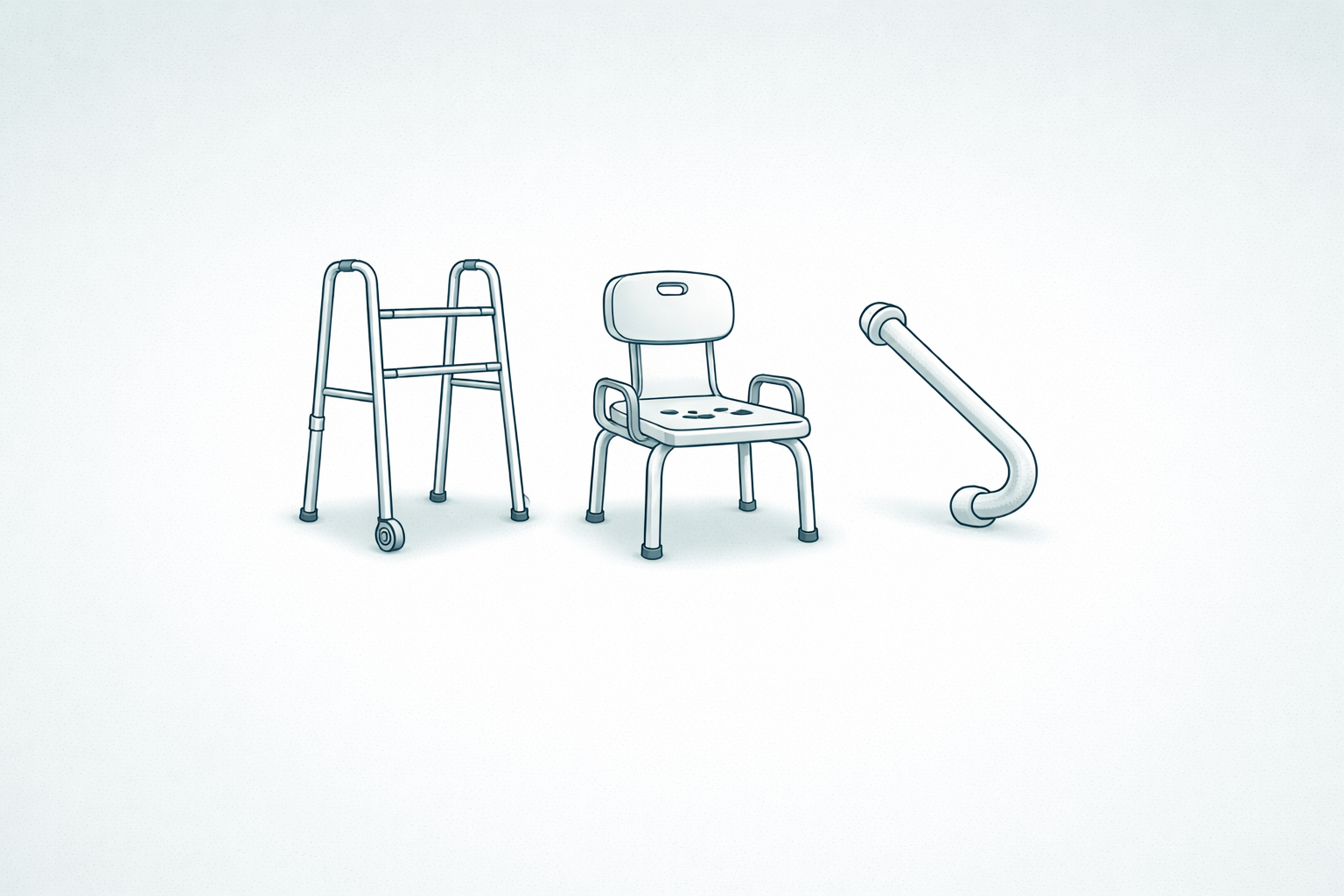 Line drawing of a wheelchair, a garden chair, and a handrail, all set against a plain white background.