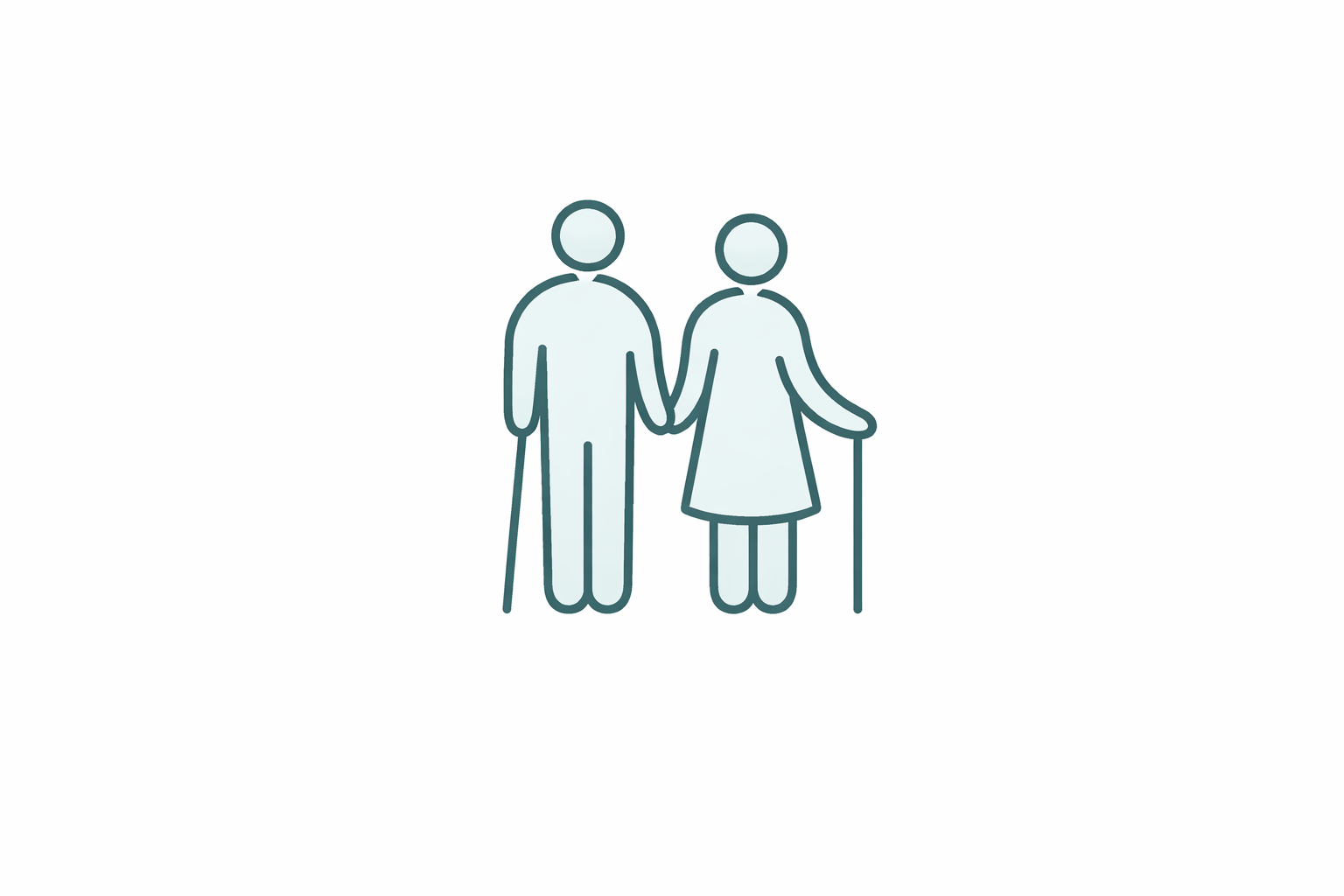 Minimalist line drawing of elderly man and woman holding hands, both with canes.