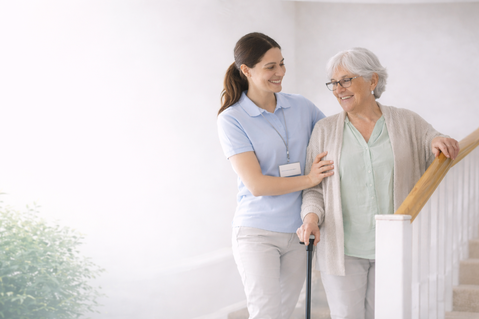 A healthcare worker assisting an elderly woman with a cane down the stairs, both smiling and engaged in conversation.