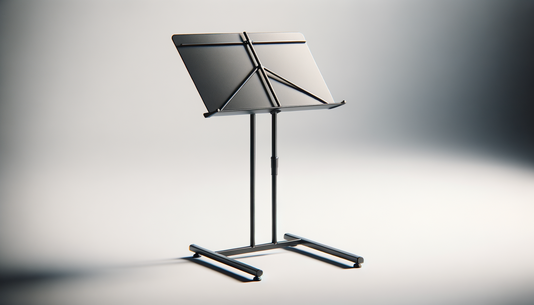 Metal music stand with adjustable height on a plain background.