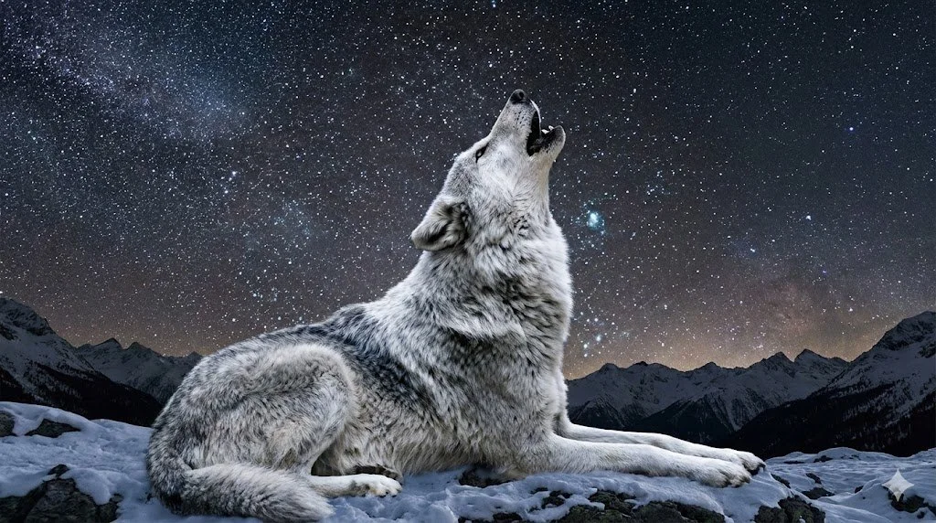 A wolf howling at the night sky filled with stars and the Milky Way, set against a snowy mountain landscape.