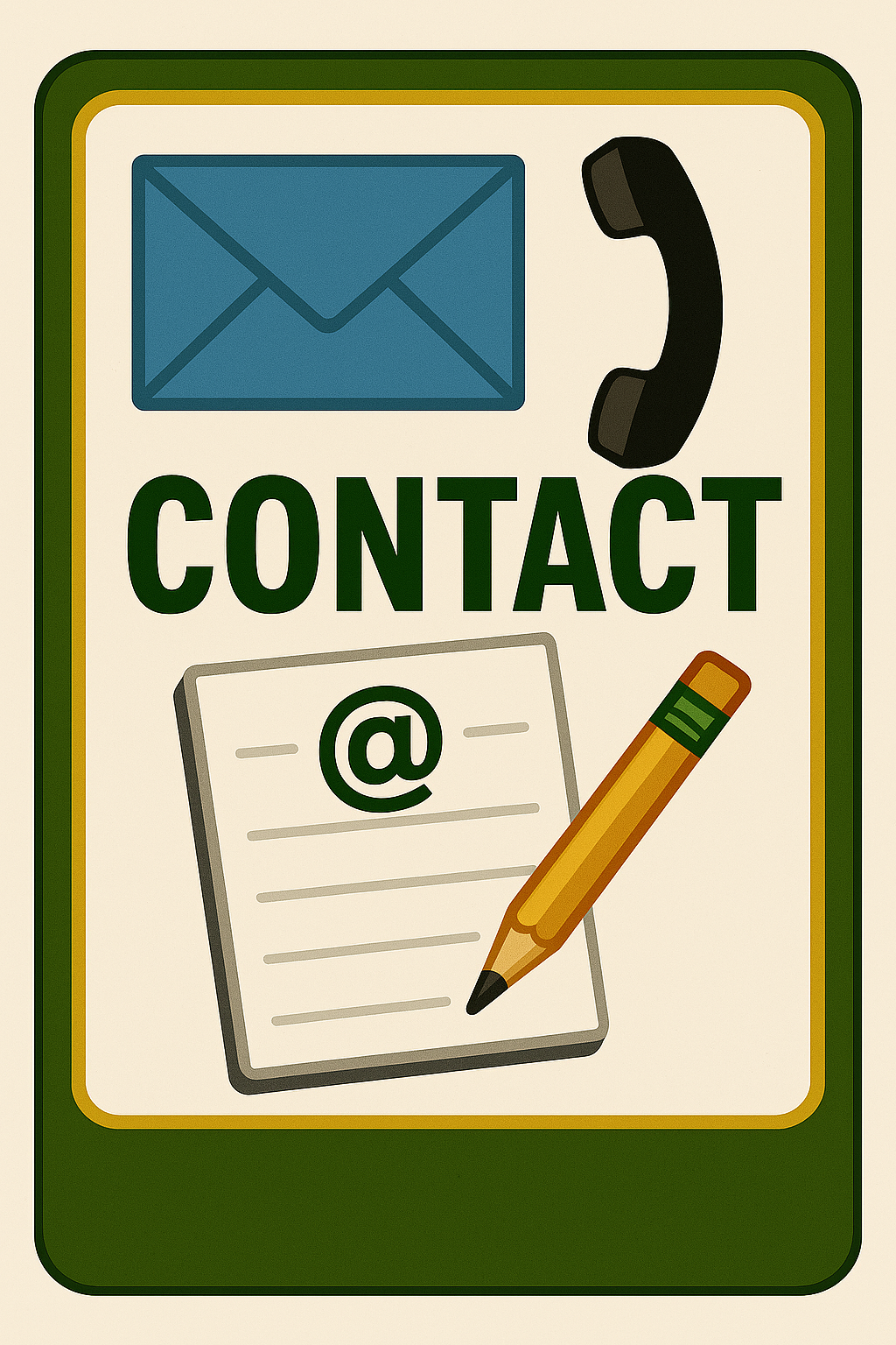 Contact information graphic with icons of an envelope, a telephone receiver, an email symbol, a notepad, and a pen, along with the word 'CONTACT' in bold