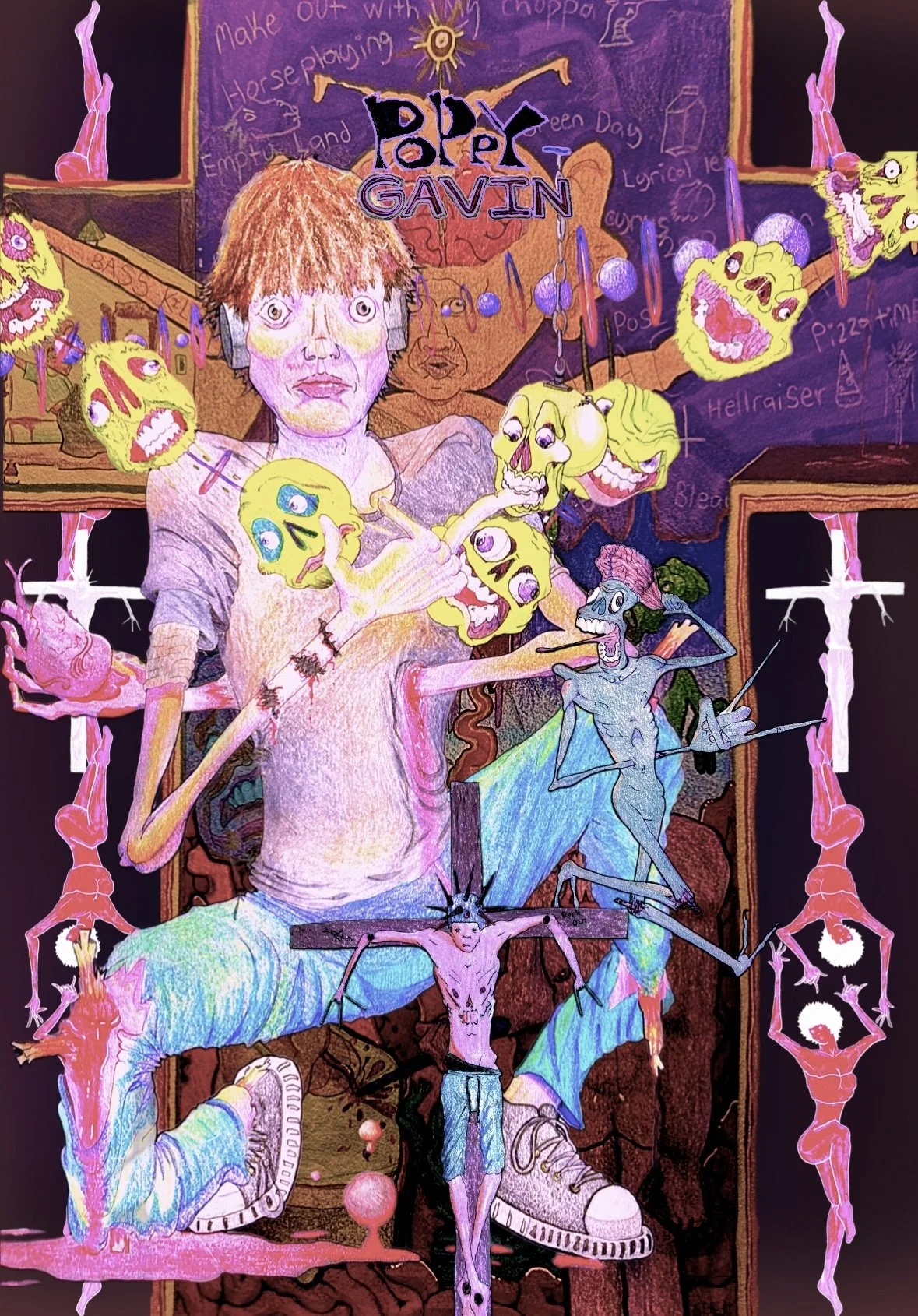 A colorful, surreal illustration of a young man with brown hair, surrounded by cartoonish skulls, skeletons, and fantastical creatures, with abstract and graffiti-like background elements.