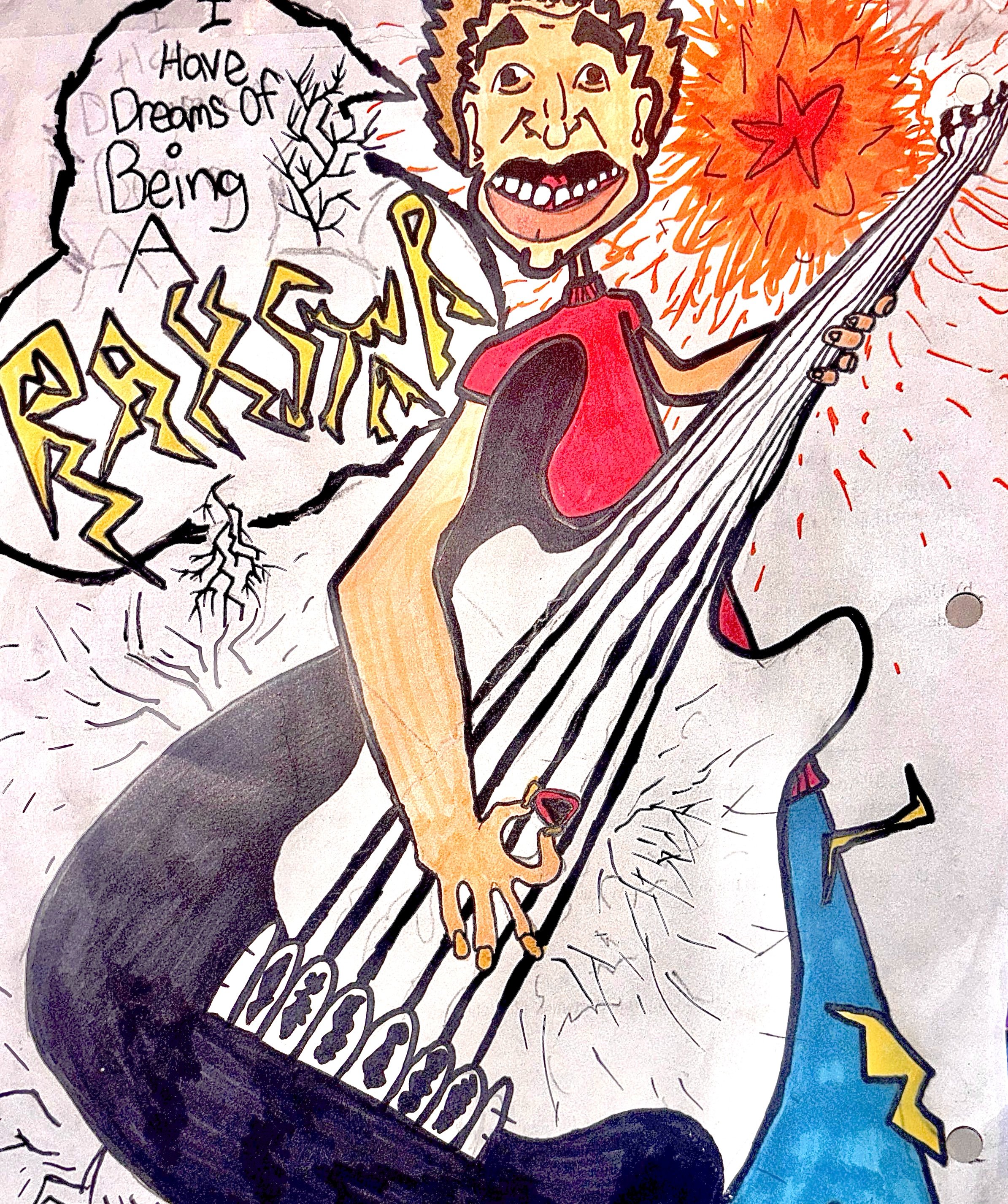 A colorful drawing of a person with orange hair playing a guitar, with a speech bubble that says "Have dreams of being a rockstar," and a blue character with yellow lightning bolt on the sleeve. The background features abstract lines and a red starburst.