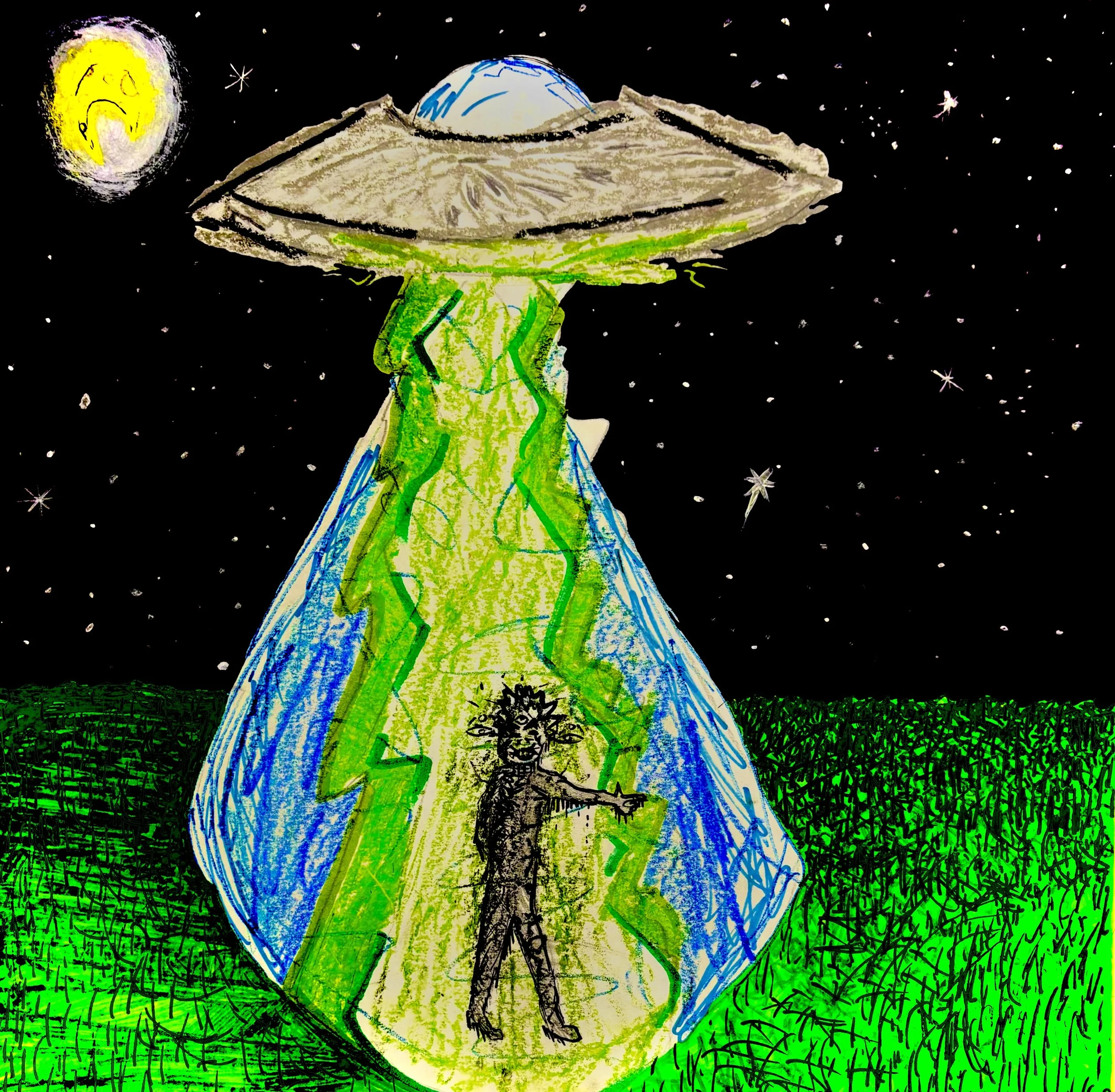 Childlike drawing of a UFO flying in space, releasing green energy. A child with wild hair and a big smile stands inside the energy beam, pointing outward. The background shows stars, a moon with a face, and Earth.