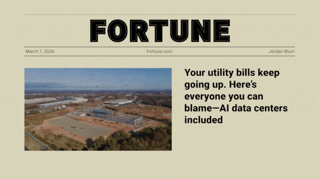 Headlines from across the county showing how AI data centers are increasing residents' power bills