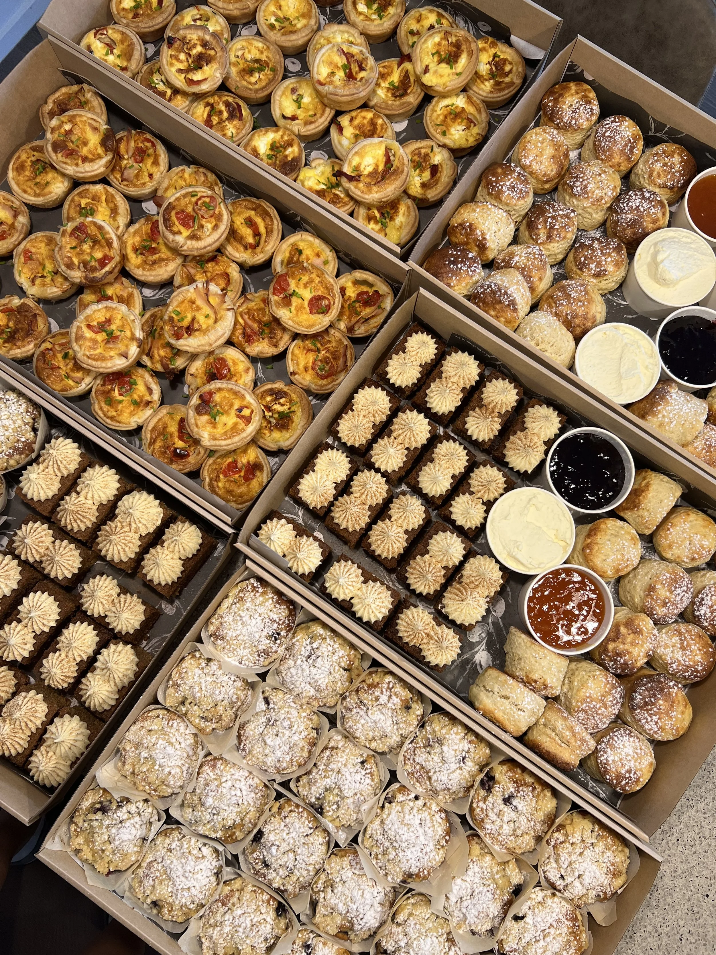 Various desserts and baked goods, including mini quiches, brownies with decorative icing, and assorted pastries with powdered sugar and fruit fillings, arranged in boxes.