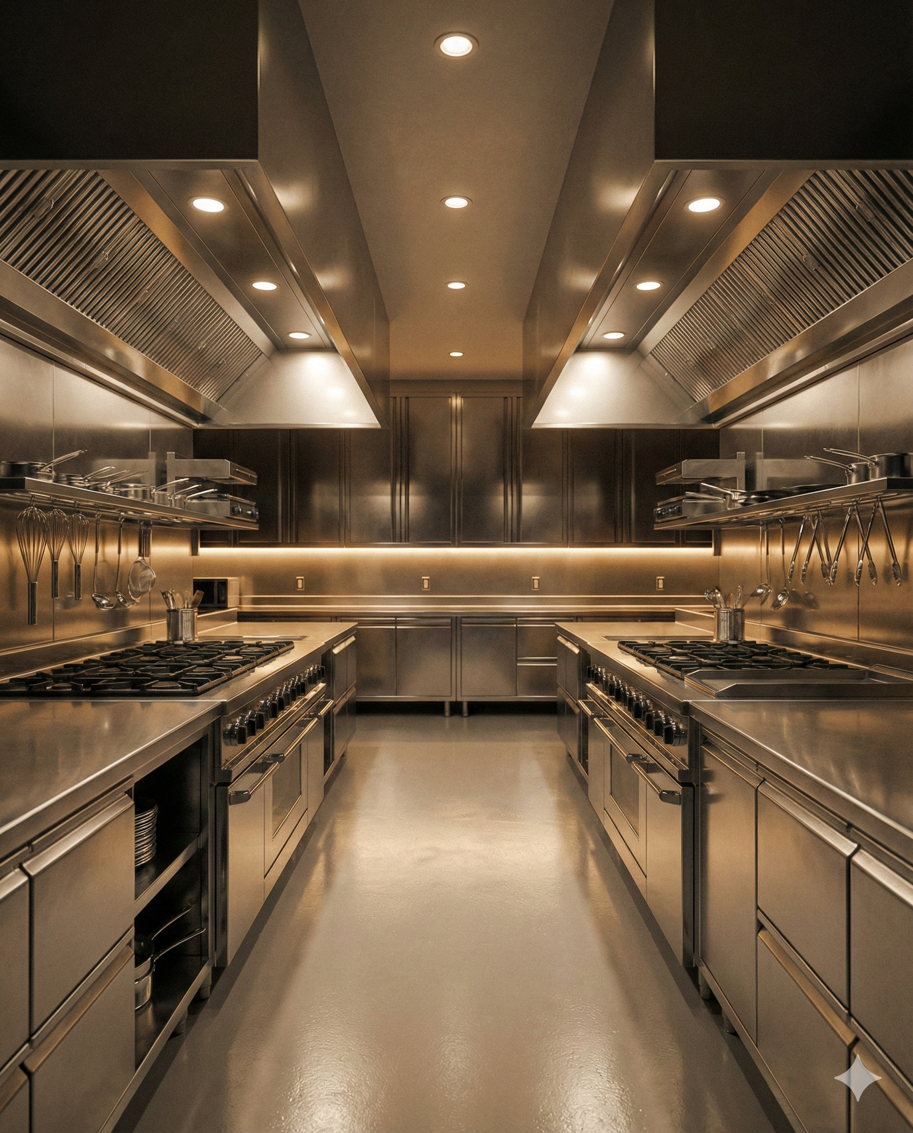 Stainless steel commercial kitchen with double gas stoves, kitchen utensils hanging, and overhead ventilation hoods.