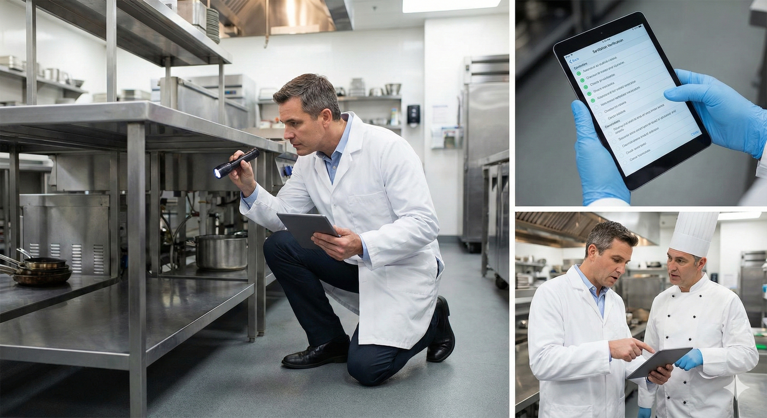 A food scientist inspecting a kitchen using a flashlight and a tablet, a healthcare worker examining a tablet with checklists, and a chef discussing information with a chef in a professional kitchen.