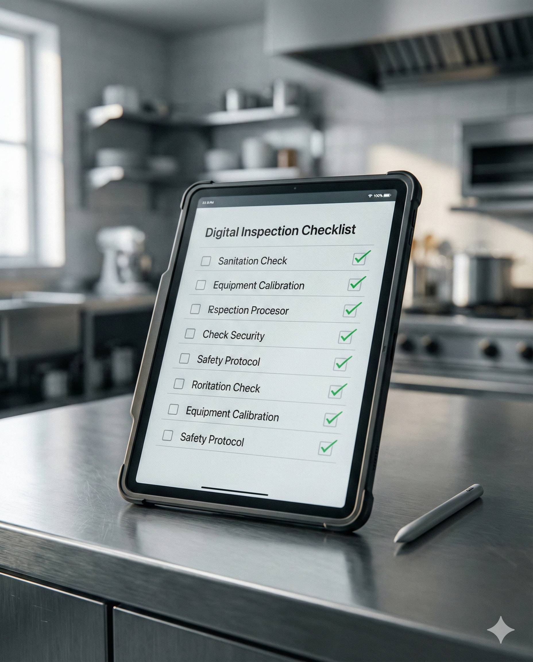 Tablet displaying a digital inspection checklist with most items checked off, placed on a metallic kitchen counter with a stylus nearby.