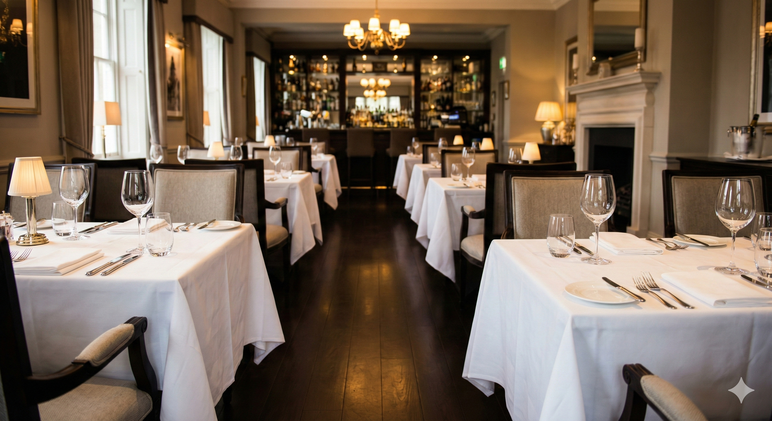 Elegant restaurant dining room with white tablecloths, glassware, and set silverware, featuring a bar in the background and warm ambient lighting.