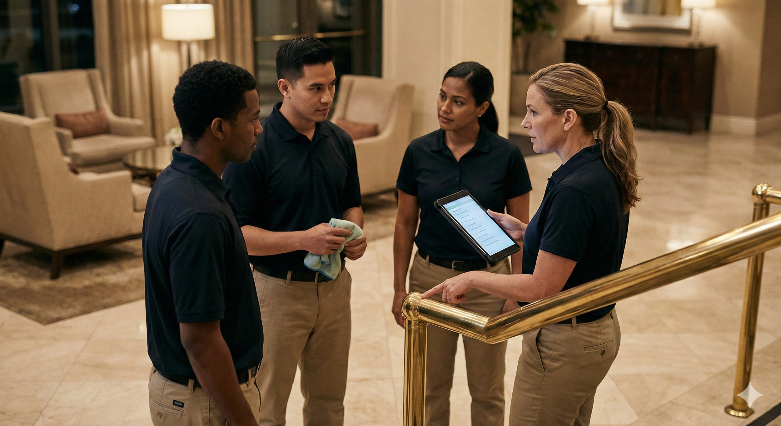 Four hotel staff members in black polo shirts and khaki pants having a discussion in a hotel lobby. One woman is holding a tablet, and one man is holding a towel. The lobby has beige armchairs, a lamp, and a television in the background.