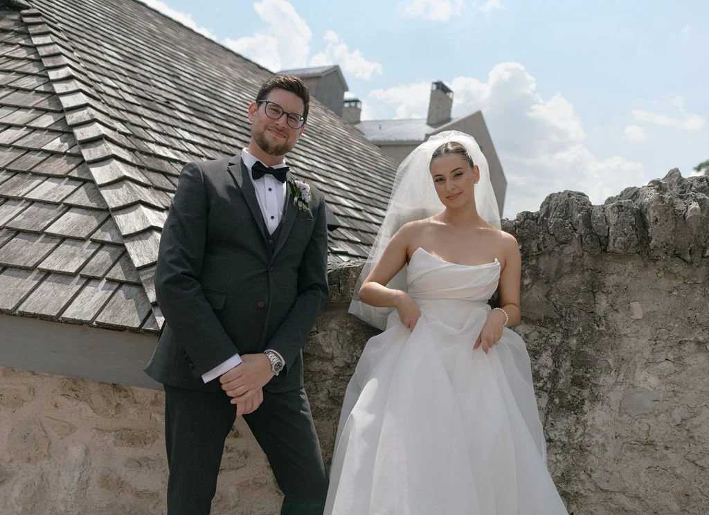Bride and groom posing together outdoors at a wedding venue in the Greater Toronto Area