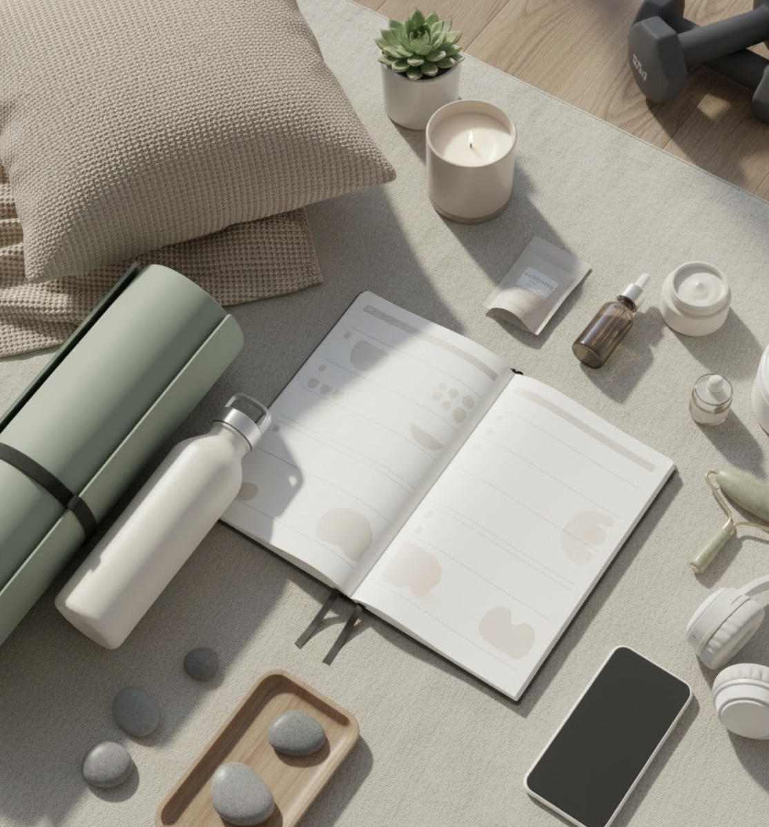 A flat lay of wellness and self-care items on a light-colored surface, including a notebook, water bottle, green water bottle holder, pillow, small potted succulent, candle, various skincare products, stones in a wooden dish, a smartphone, and a pair of headphones.