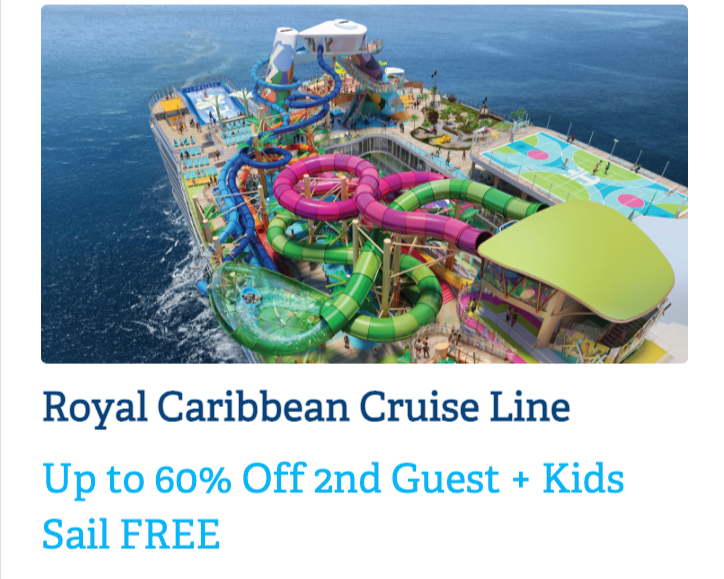 Aerial view of a cruise ship featuring multiple water slides, including pink, green, and blue slides, and pools, with the ocean in the background.