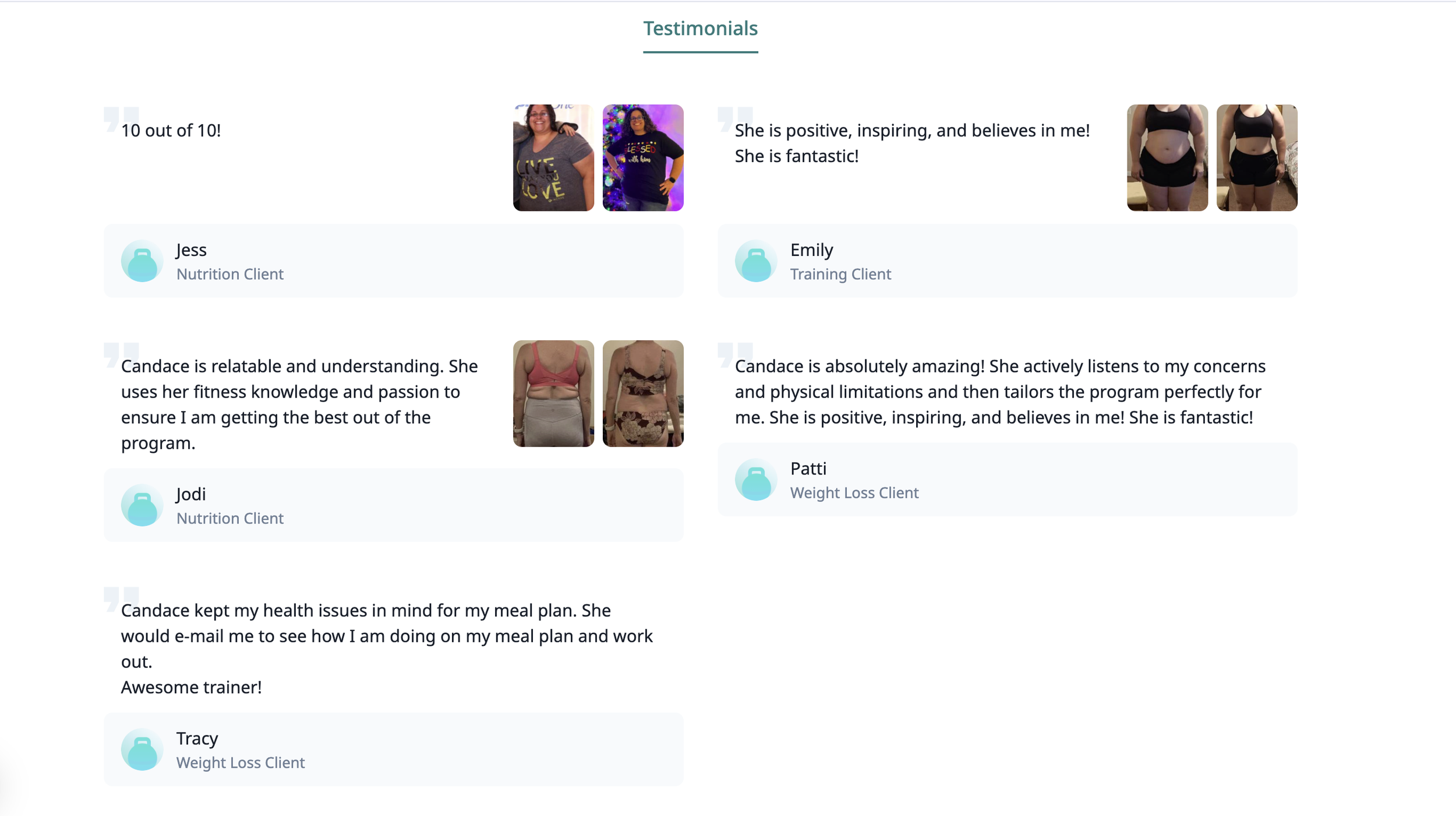Screenshots of client testimonials featuring profile pictures, before-and-after photos, and positive comments about health, fitness, and weight loss coaching from clients Jess, Emily, Jodi, Patti, and Tracy.