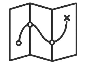 Line graph with three points connected by curved lines on a folded map background.