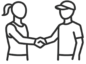 A woman and a man shaking hands, both wearing casual clothes, with the woman having a ponytail and the man wearing a cap.