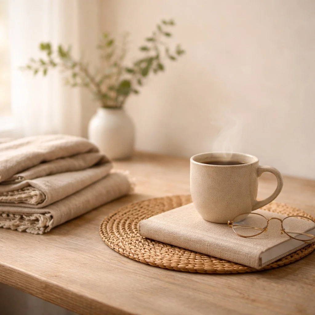 A steaming cup of coffee on a notebook with reading glasses on top sits on a woven placemat on a wooden table, with a folded beige cloth and a white vase with greenery in the background.