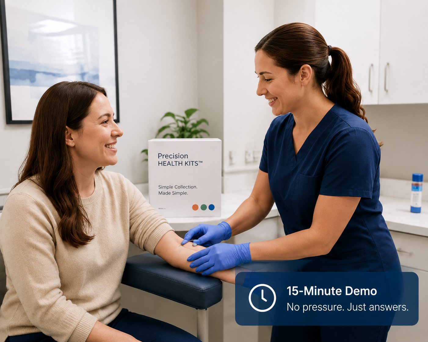 A woman sitting in a medical office, smiling, while a healthcare professional in blue scrubs and gloves prepares to take her blood pressure as part of a health check. There is a box labeled 'Precision HEALTH KITS' and a sign indicating a '15-Minute Demo' with no pressure, just answers.