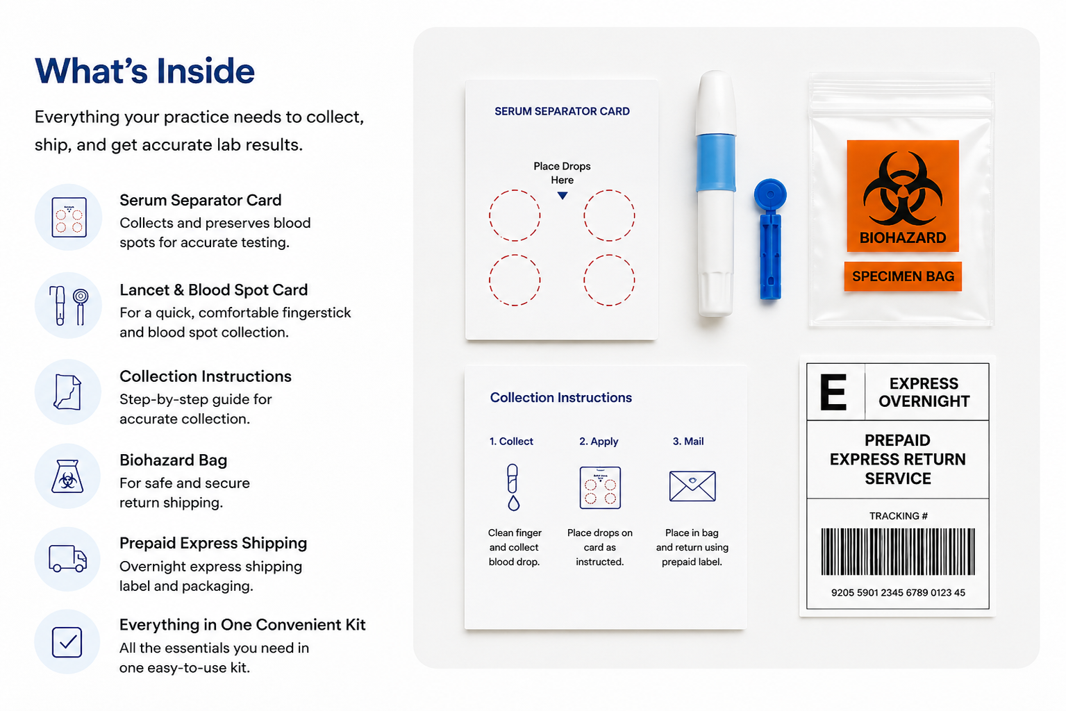 An overview of a medical testing kit that includes a serum separator card, a lancet and blood spot card, collection instructions, a biohazard bag, a prepaid shipping label, and a collection device with a white and blue design.