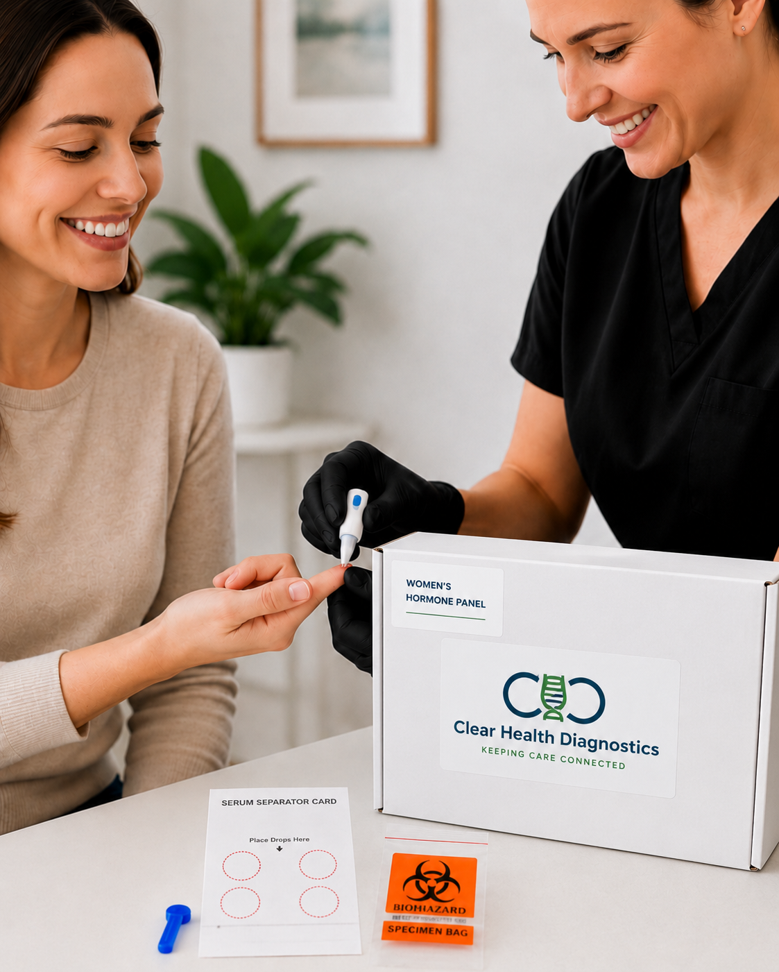 A healthcare professional in black gloves is using a lancing device to perform a blood test on a woman's finger. The woman is smiling and has her hand extended. There is a box labeled 'Women's Hormone Panel' and a sign that says 'Serum Separator Card' along with a biohazard bag on the table.