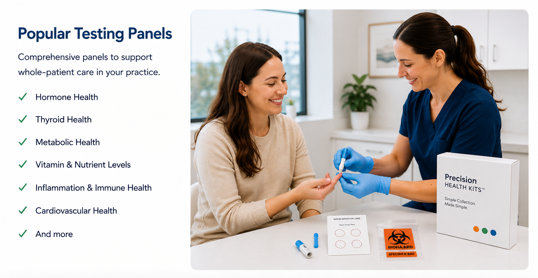 A healthcare professional in blue scrubs and gloves administering a blood test to a smiling woman in a beige sweater, with testing supplies including a biohazard specimen bag and health kit box on the table.