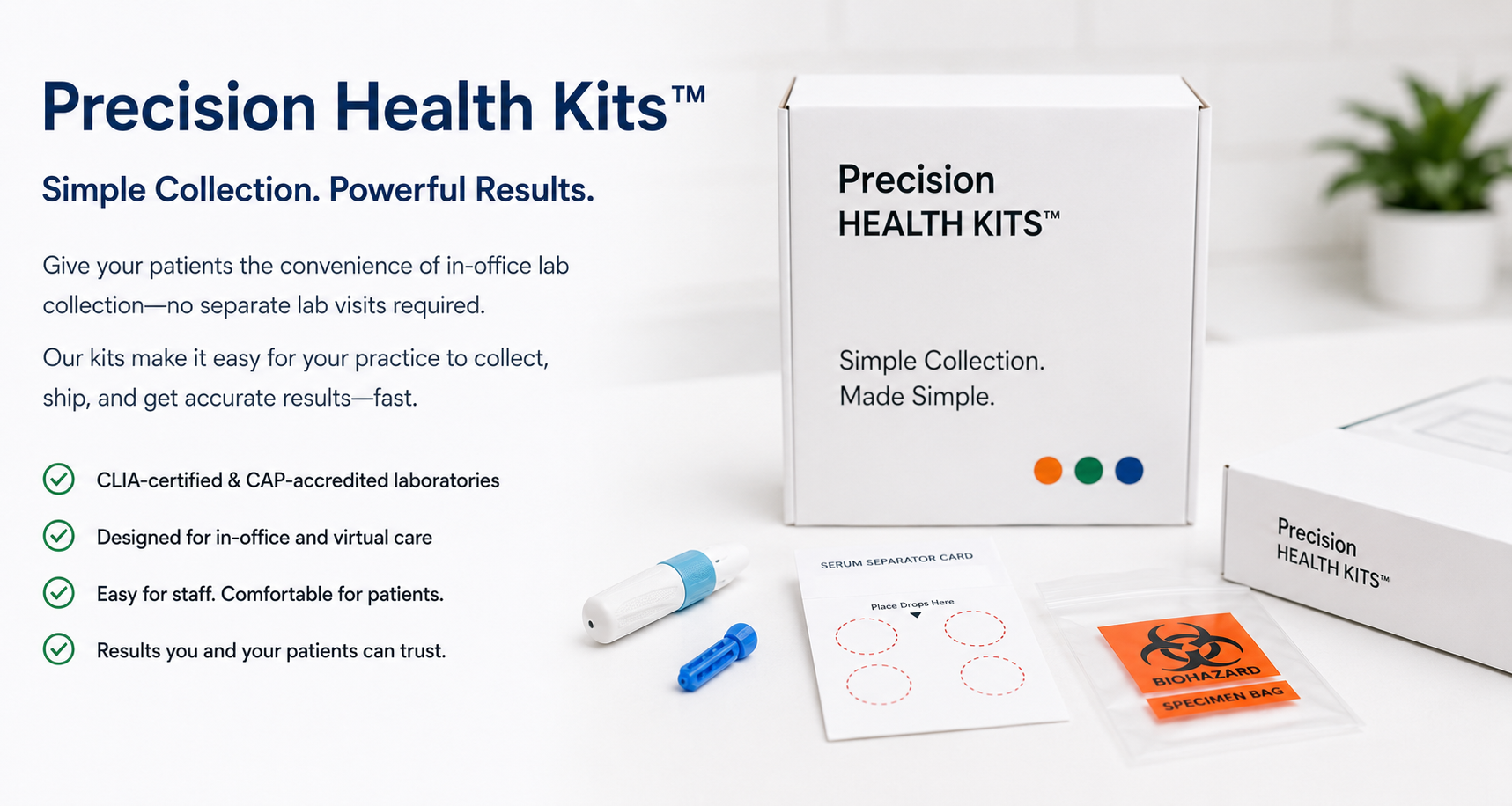 Box labeled "Precision Health Kits" with various medical testing supplies, including a serum separator card, a biohazard specimen bag, and testing components on a white surface.