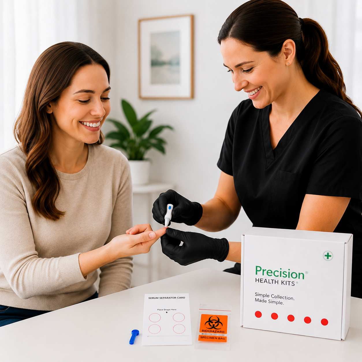 A woman in a beige sweater is getting her finger pricked by a healthcare worker in black scrubs and gloves, with a diabetic testing kit on the table.