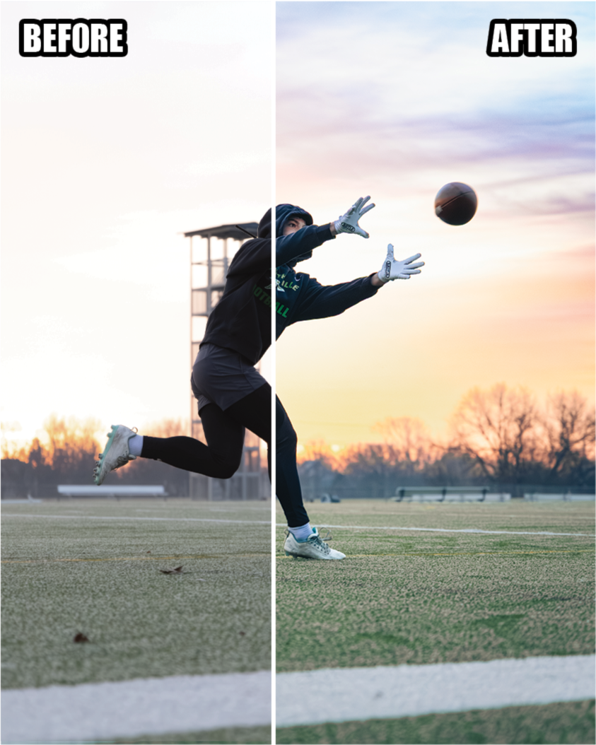 Split-screen image showing a football player in a black hoodie catching a football on a field at sunset, with the left side labeled 'Before' and brighter, and the right side labeled 'After' with a more colorful sky.